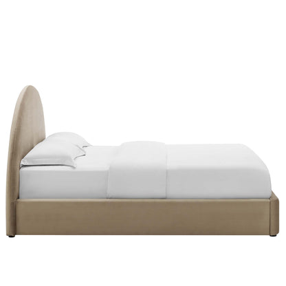 Taupe upholstered platform bed with a rounded arched headboard and white bedding.