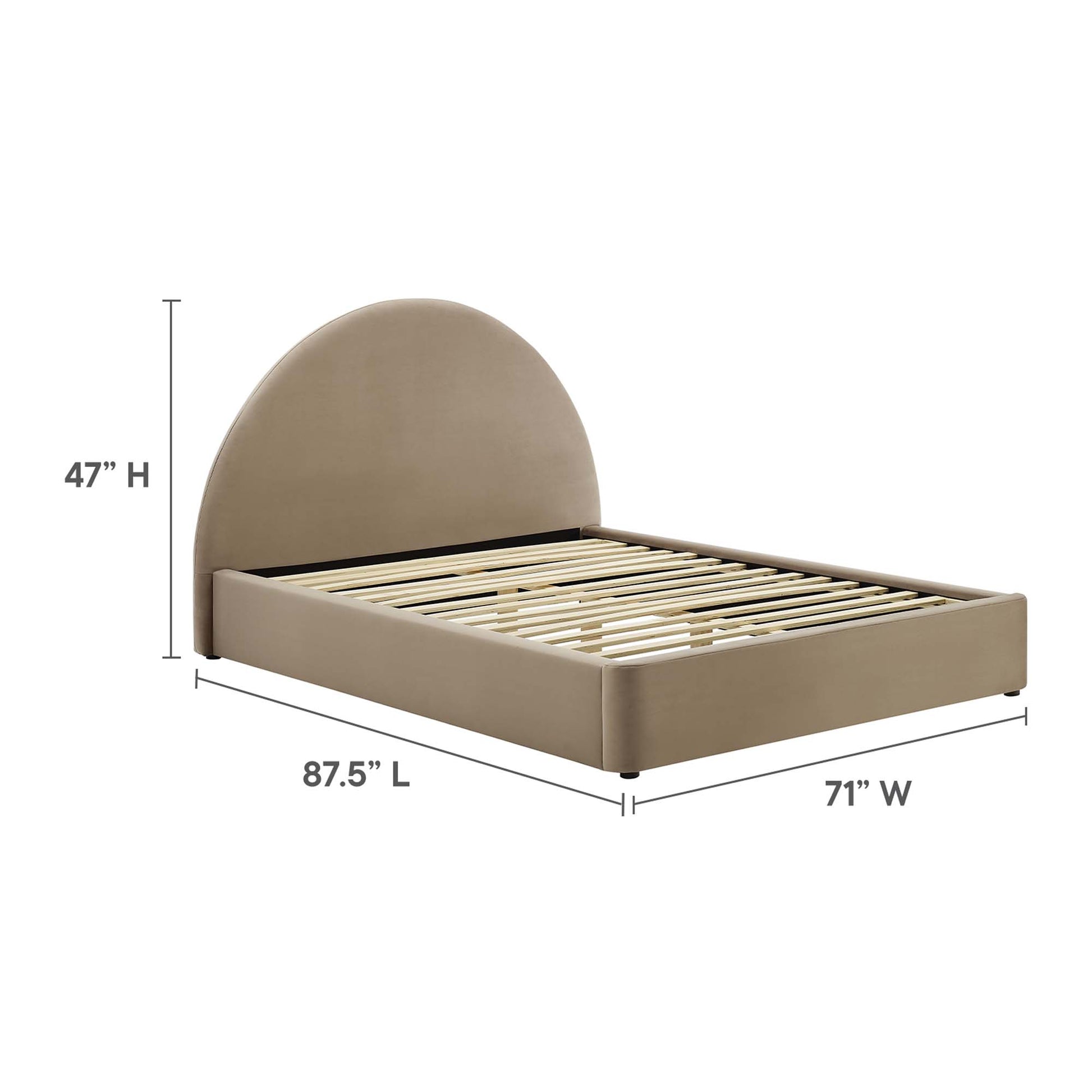 Taupe upholstered platform bed with curved arched headboard and slatted foundation; 87.5”L x 71”W x 47”H.