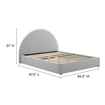 Light gray fabric upholstered platform bed with 51 in tall curved headboard and wooden slat base, 87.5 in L x 86.5 in W