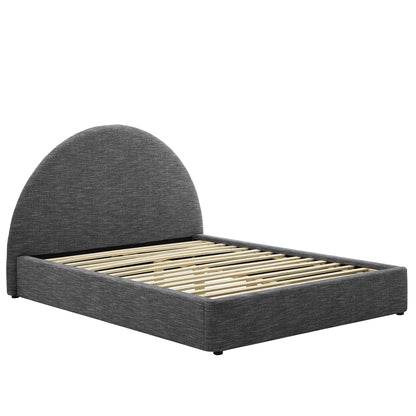 Dark gray fabric upholstered platform bed with a rounded arched headboard and natural wood slats.