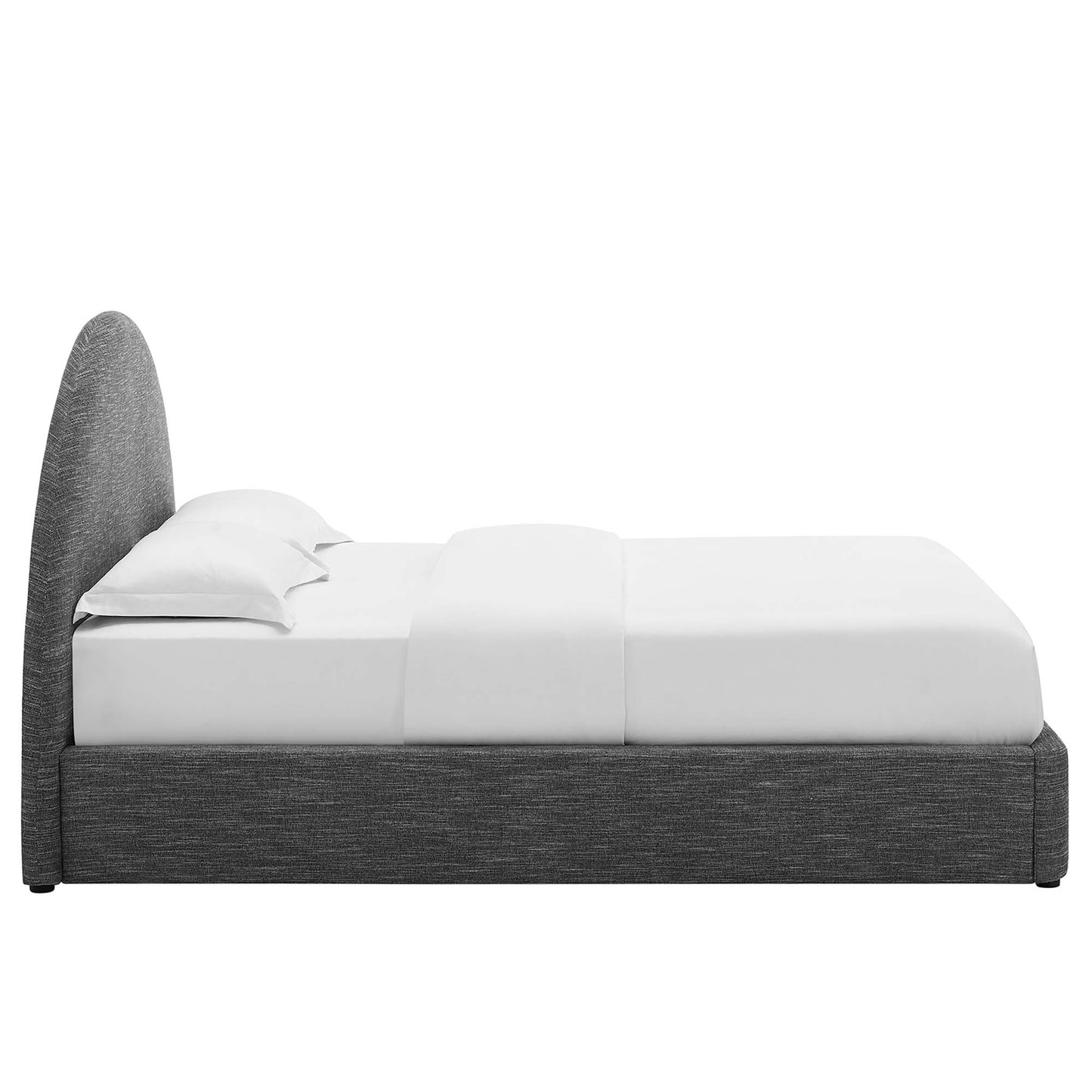 MOD-7134-HSL bed: dark gray upholstered platform, tall arched headboard, white sheets and pillows.