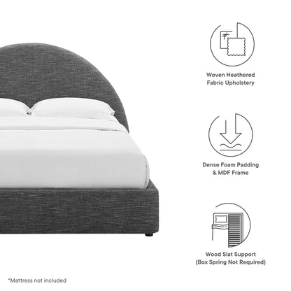 Dark gray woven fabric upholstered king platform bed with arched headboard; modern design, wood slat support, no box spring.