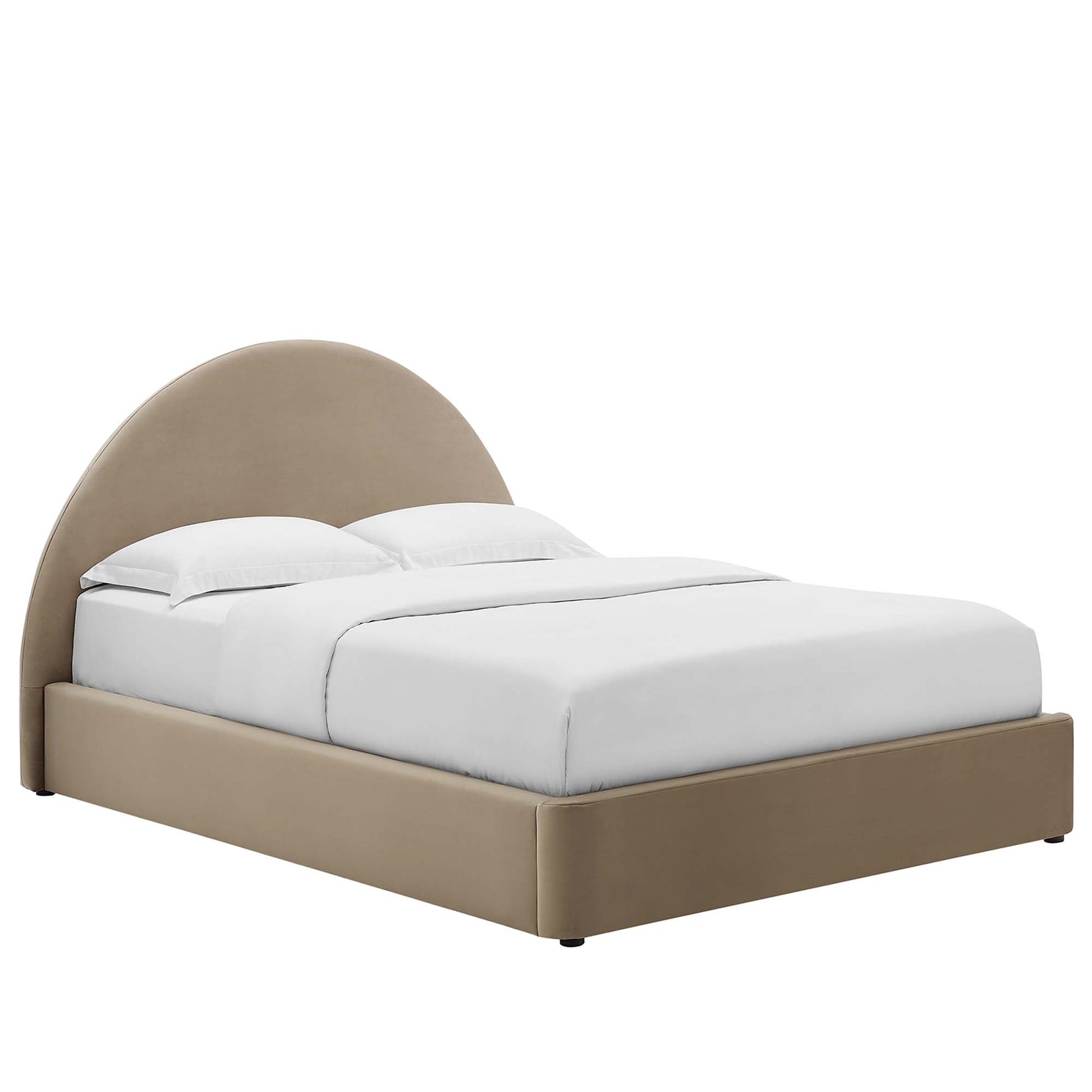 Taupe fabric upholstered platform bed with a rounded arch headboard and white bedding.
