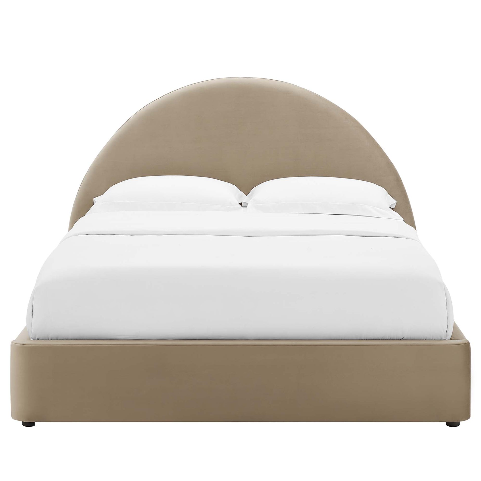 Brown arched round king platform bed with an upholstered headboard and white bedding.