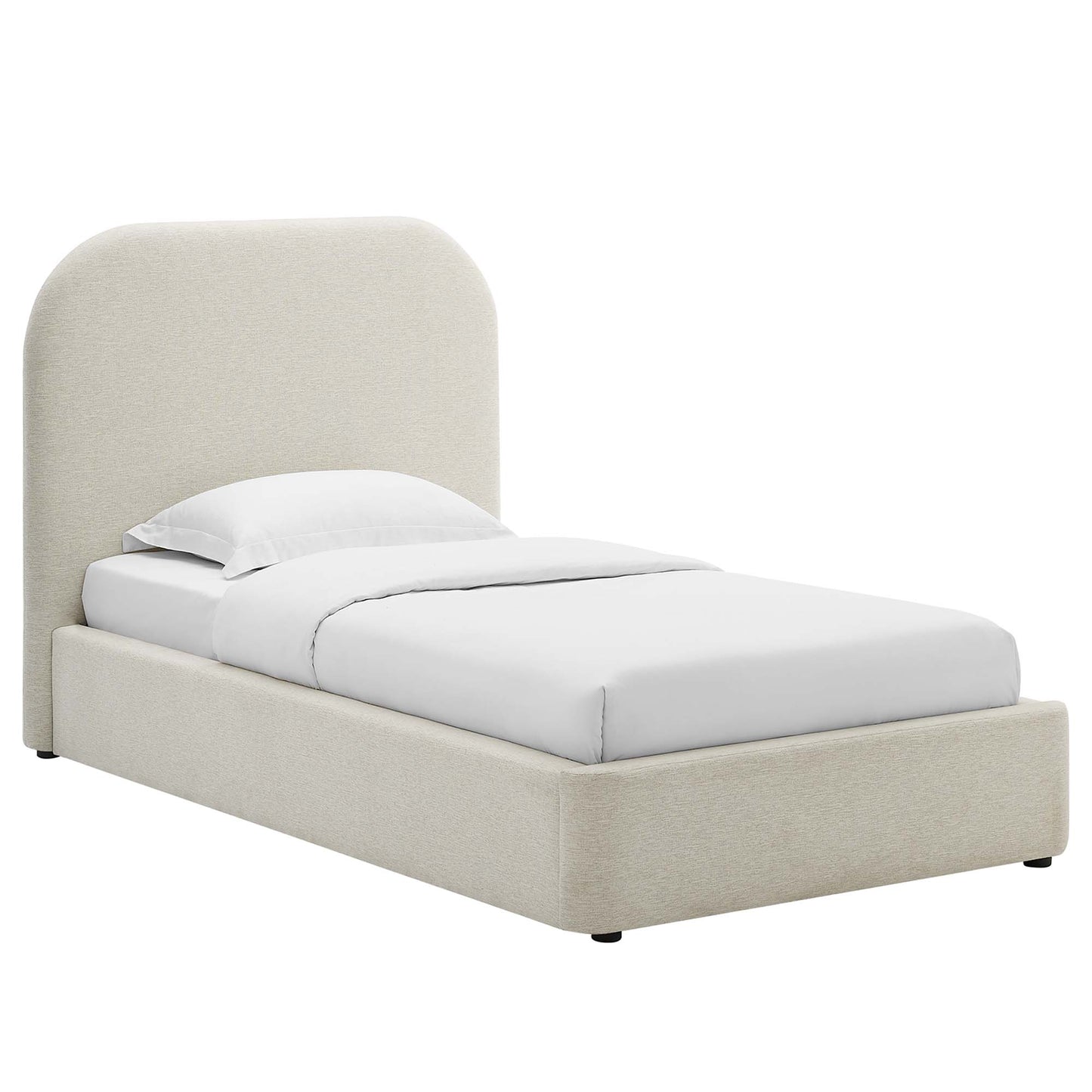 White upholstered platform bed with tall curved headboard and white linens, modern bedroom style.