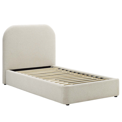 White upholstered twin platform bed with curved headboard and visible wooden slats, modern minimalist design.