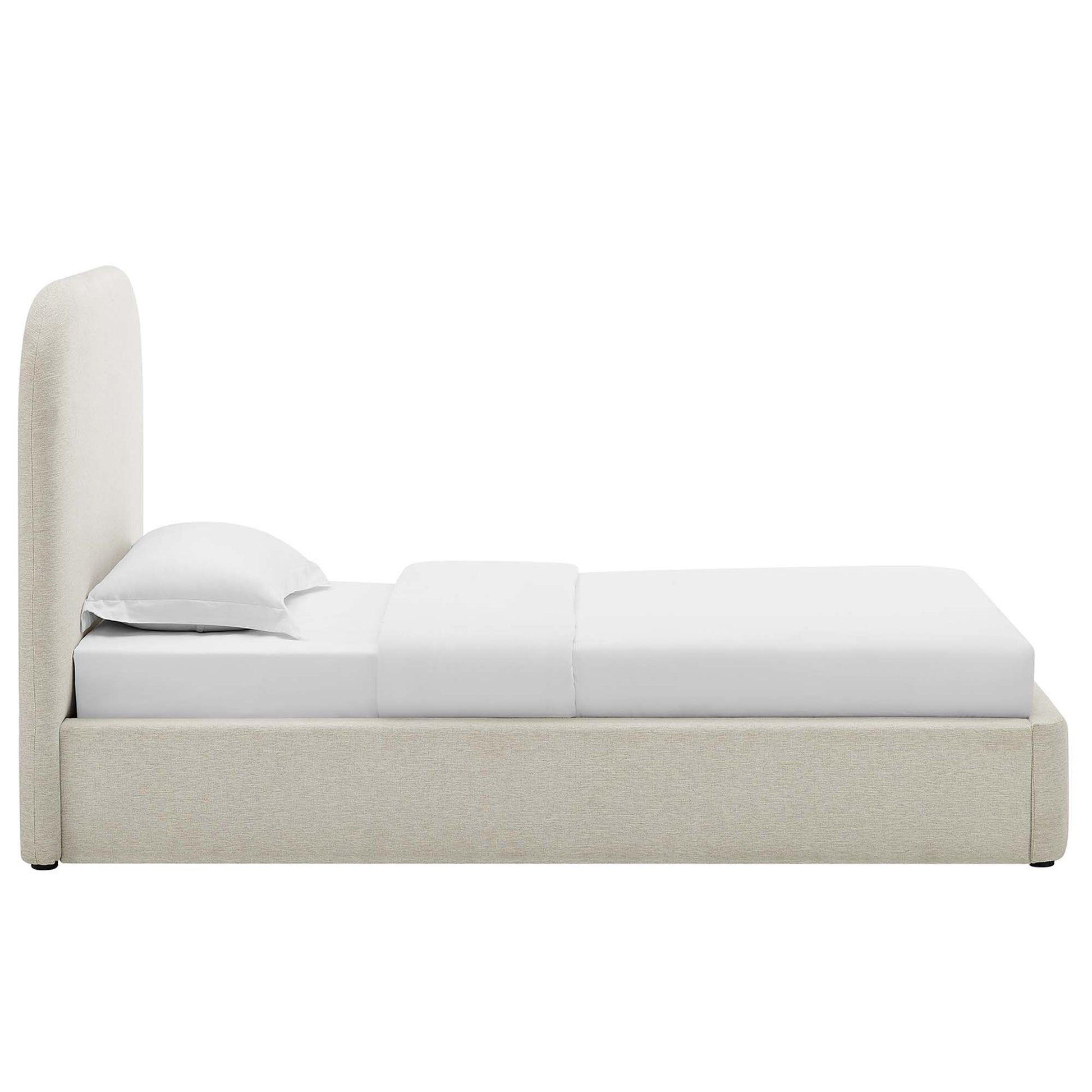 Beige upholstered platform bed with a tall curved headboard and white bedding.