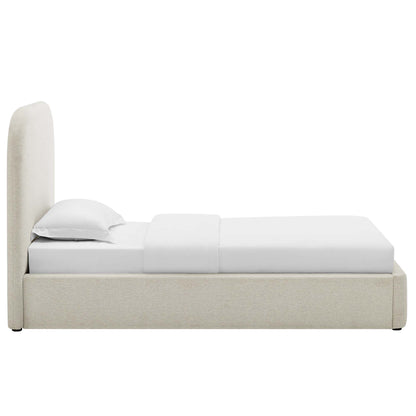 Beige upholstered platform bed with a tall curved headboard and white bedding.