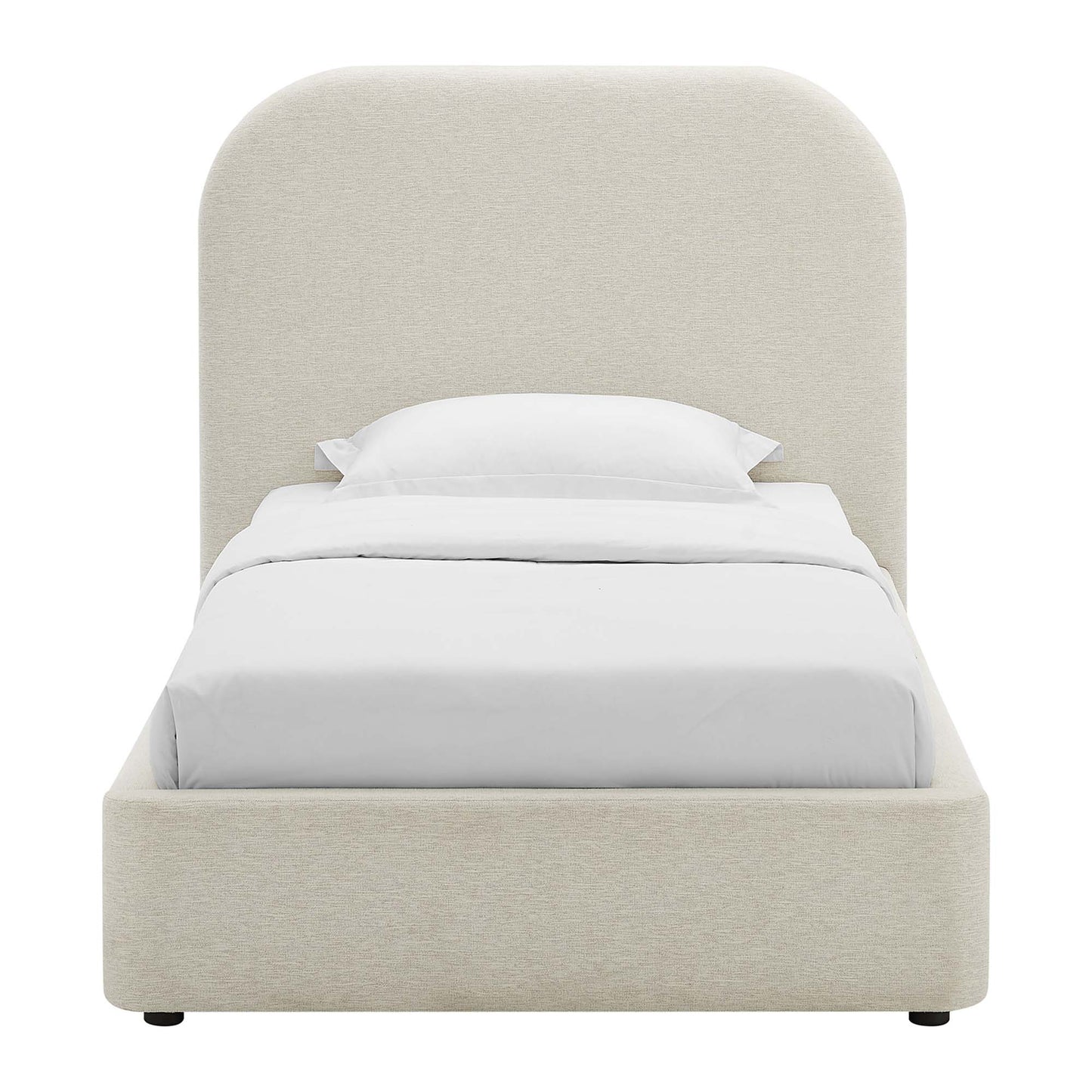 Beige fabric upholstered platform bed with rounded arched headboard and white linens.