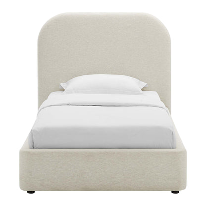 Beige fabric upholstered platform bed with rounded arched headboard and white linens.