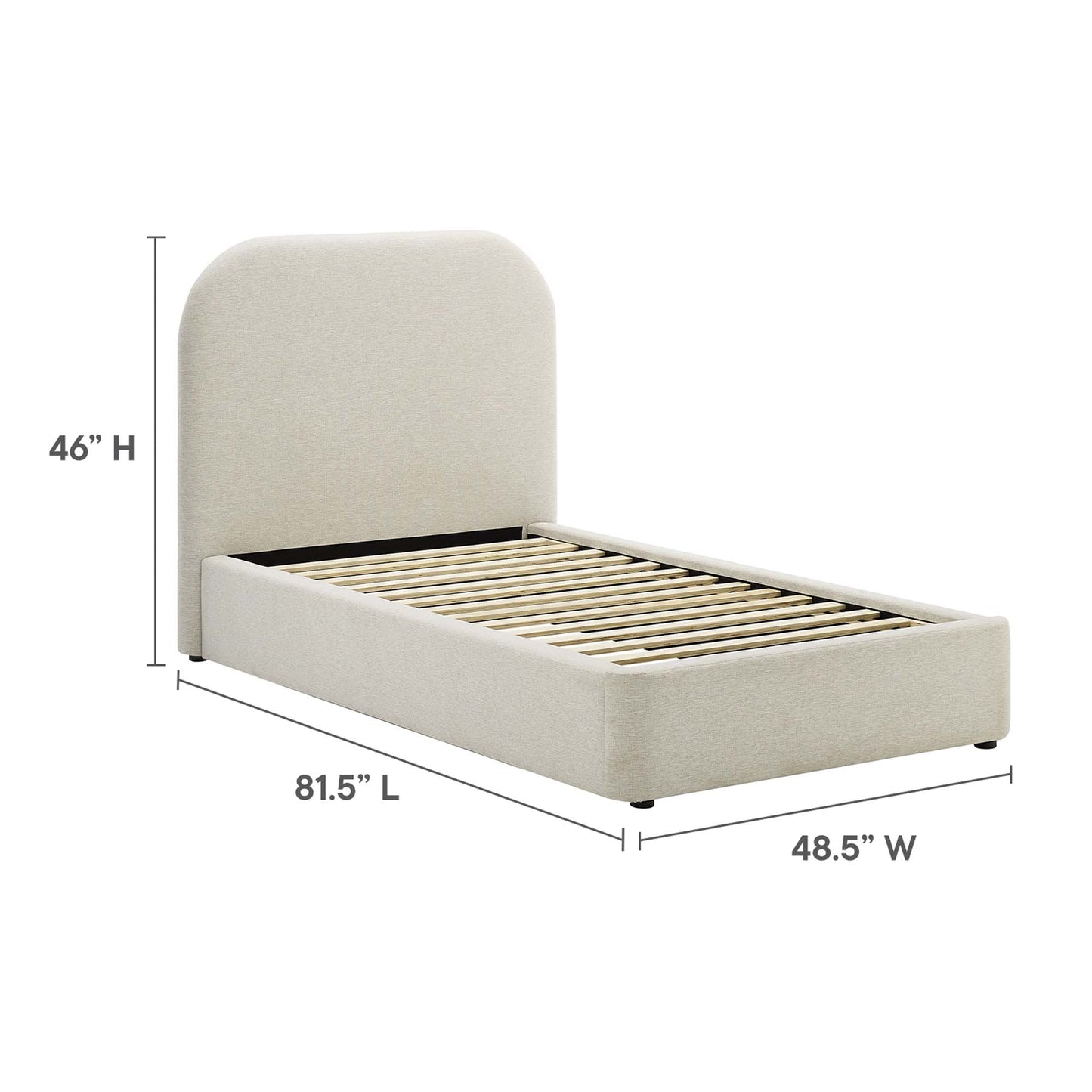 White upholstered curved twin platform bed with tall rounded headboard and slatted foundation; fabric frame, 81.5L x 48.5W x 46H.