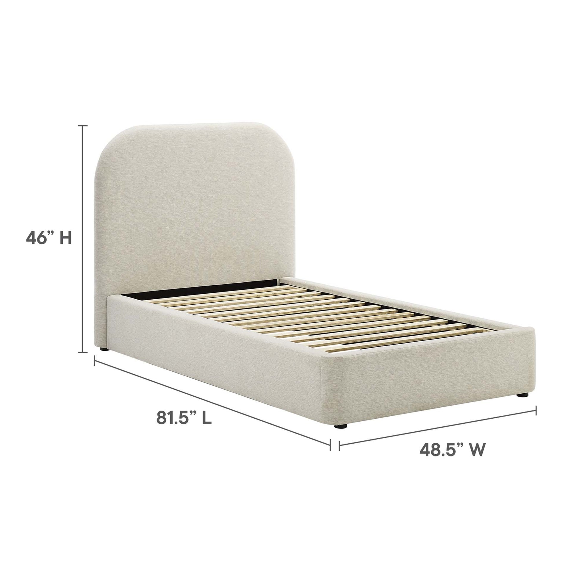 White upholstered curved twin platform bed with tall rounded headboard and slatted foundation; fabric frame, 81.5L x 48.5W x 46H.