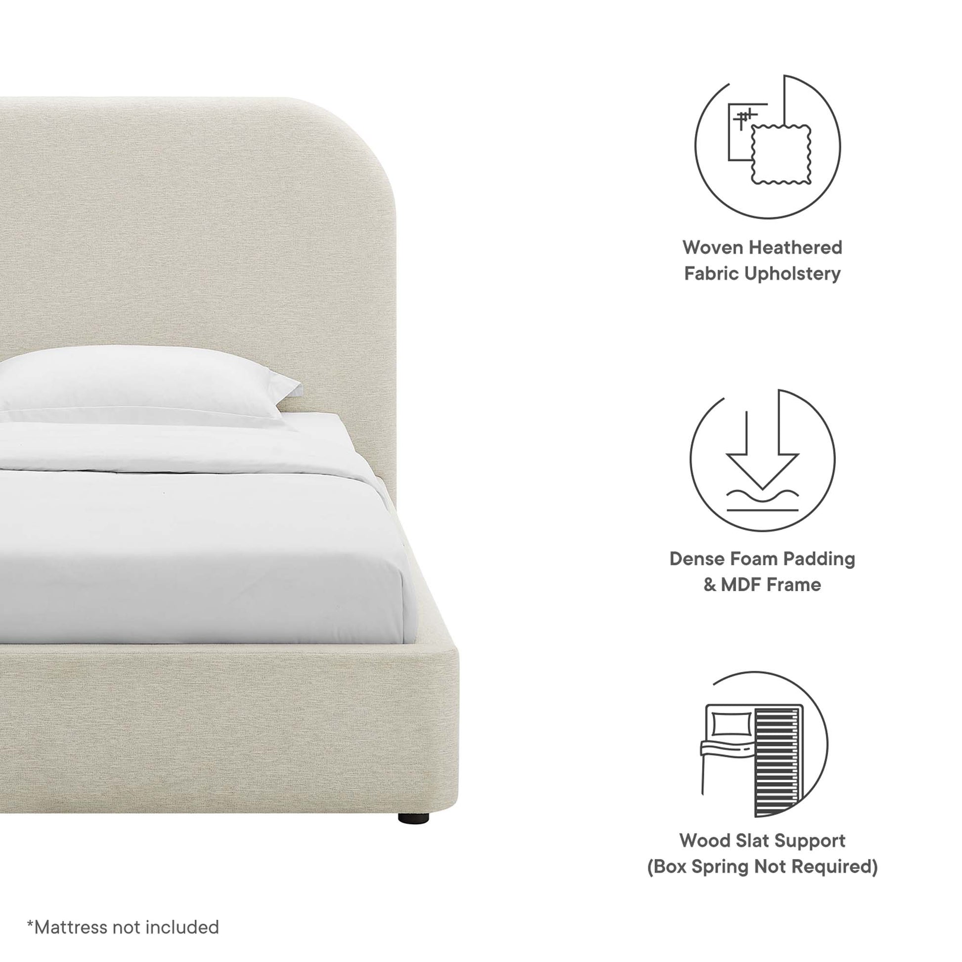 White upholstered twin platform bed with curved headboard; woven fabric, foam padding, MDF frame, wood slat support; mattress not included