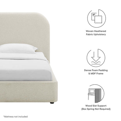 White upholstered twin platform bed with curved headboard; woven fabric, foam padding, MDF frame, wood slat support; mattress not included