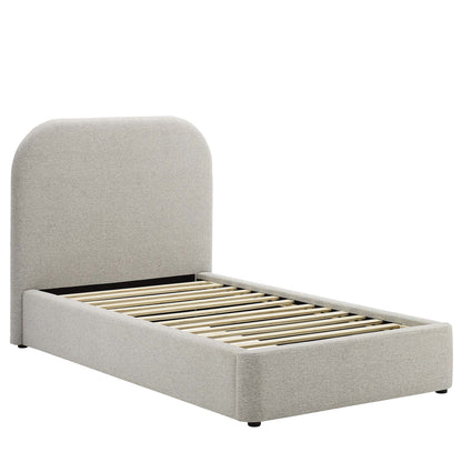 Light gray upholstered platform bed with curved headboard and wooden slats, modern bedroom frame.