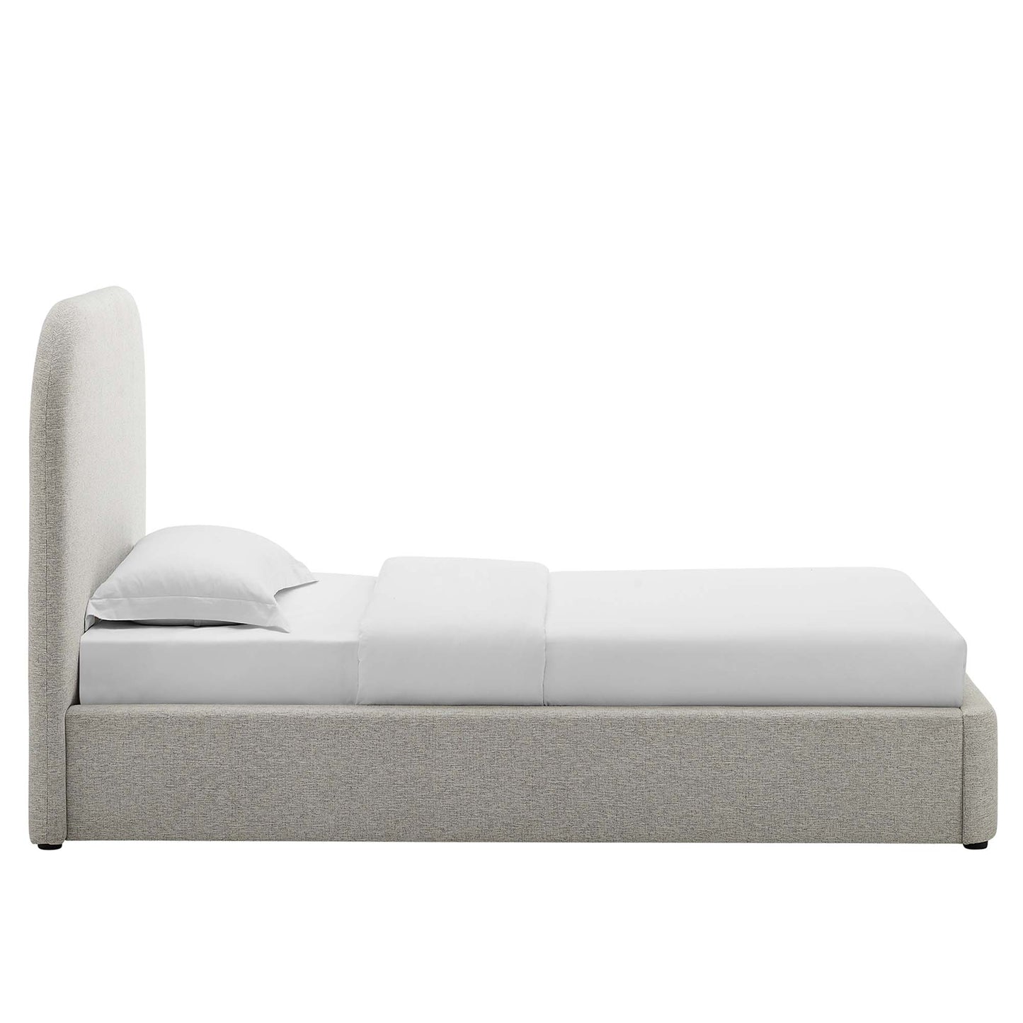 Grey upholstered platform bed with tall curved headboard and white bedding.