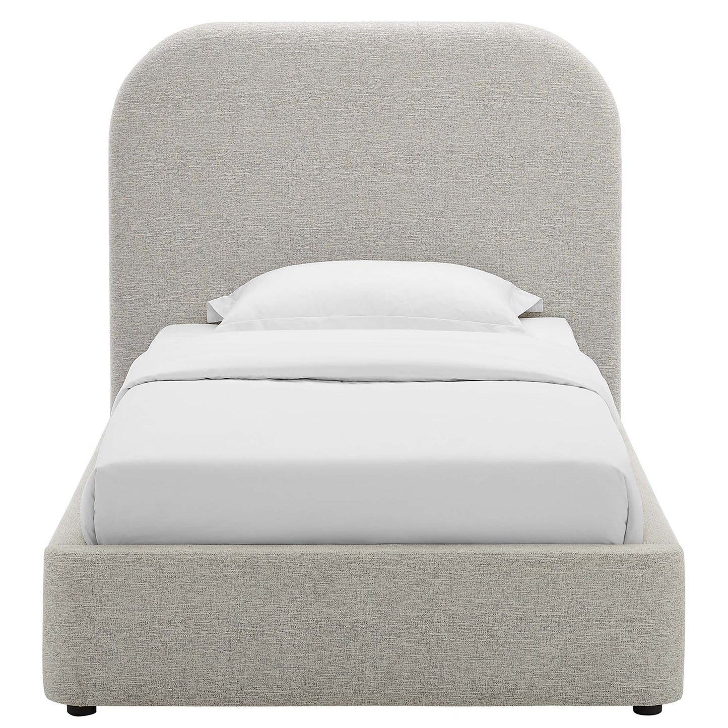 Gray upholstered twin platform bed with curved headboard and low footboard, white bedding.