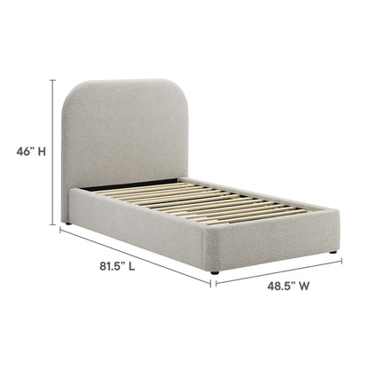 MOD-7136-HLG gray upholstered bed frame with tall rounded headboard and slatted wooden base
