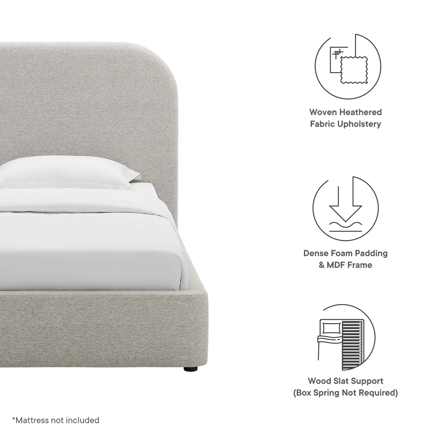 Light gray woven heathered fabric upholstered platform bed with rounded headboard; foam padding and wooden slat support.