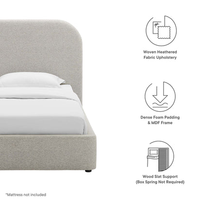 Light gray woven heathered fabric upholstered platform bed with rounded headboard; foam padding and wooden slat support.