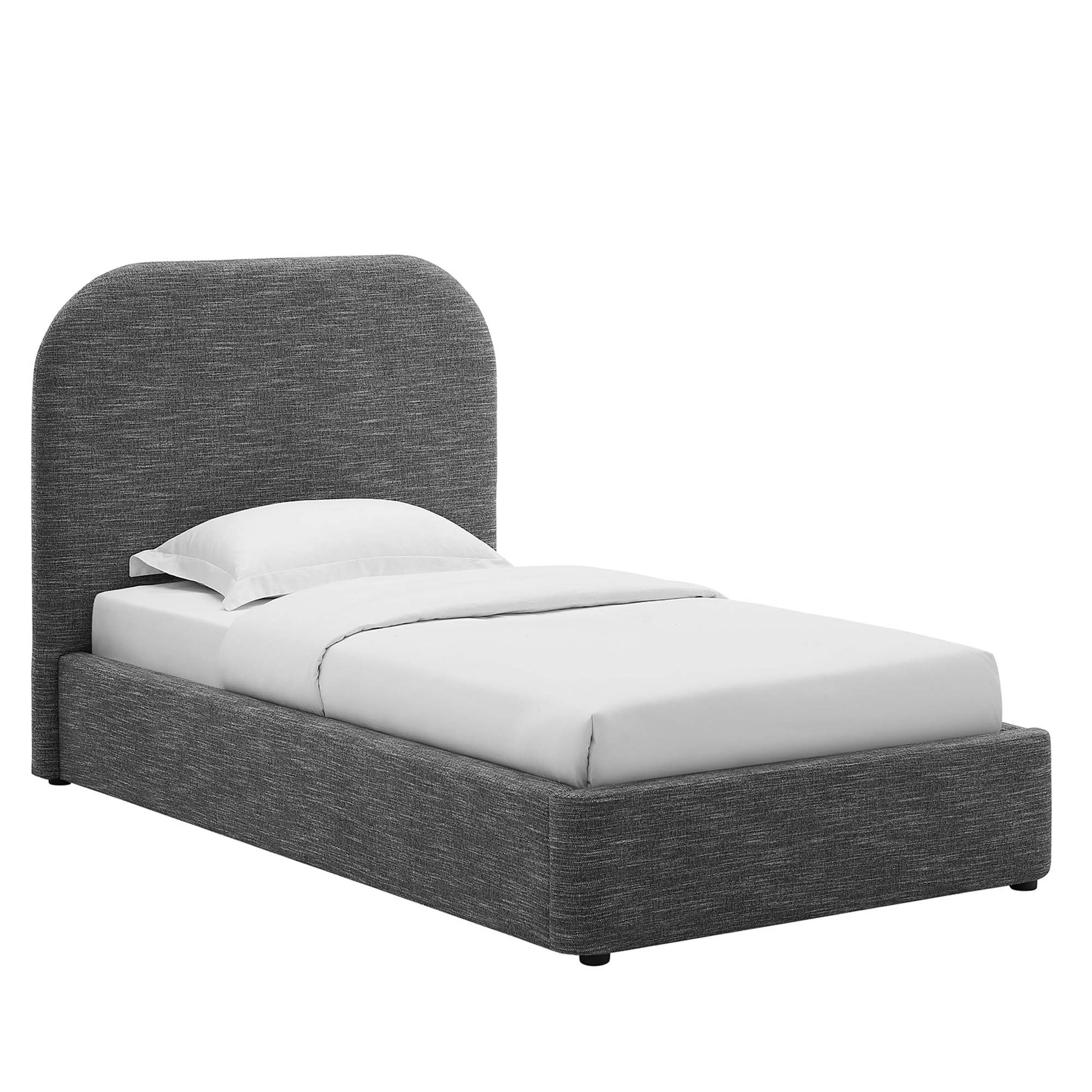Grey upholstered twin platform bed with a tall curved headboard and white bedding.