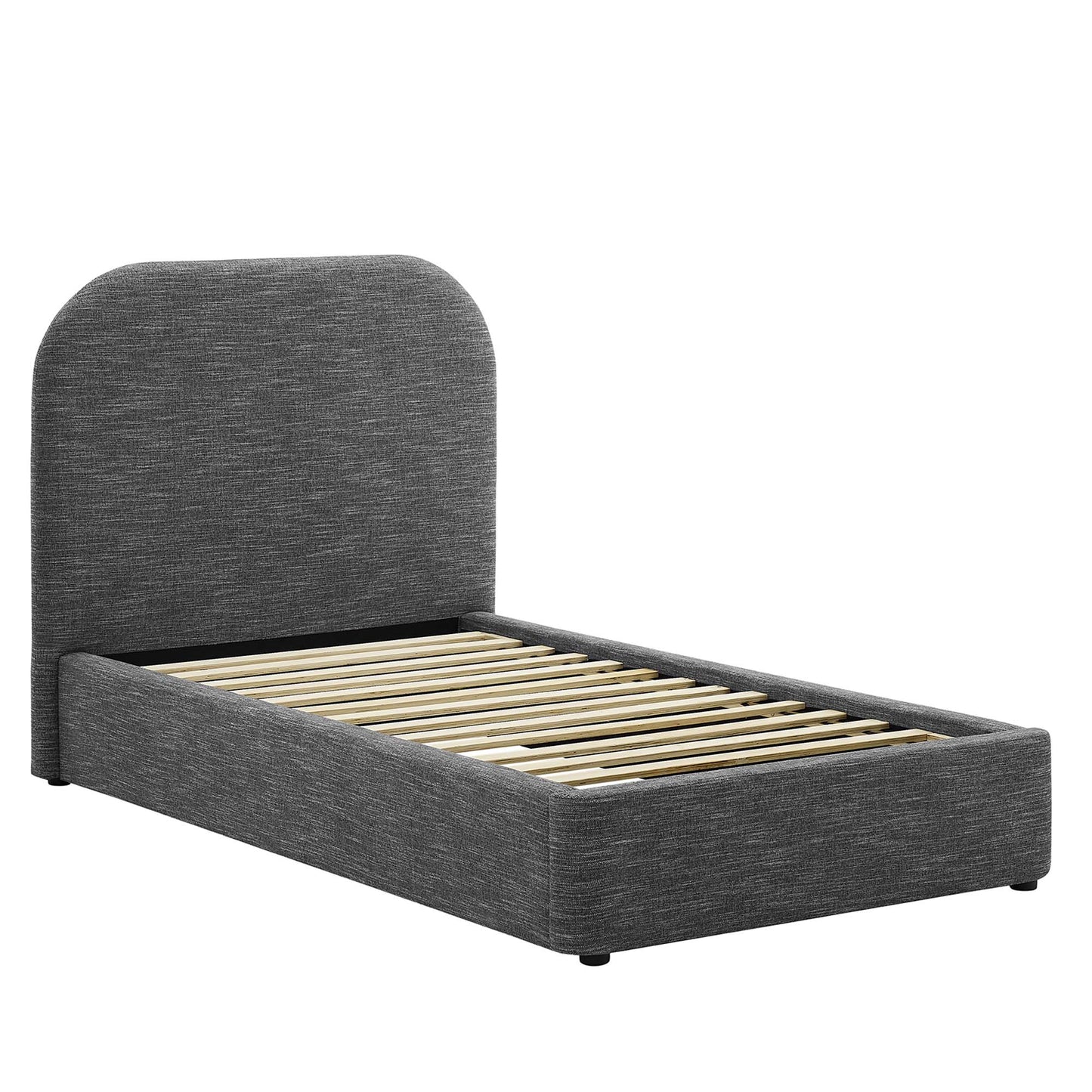Grey fabric upholstered twin platform bed with curved headboard and wooden slat support.