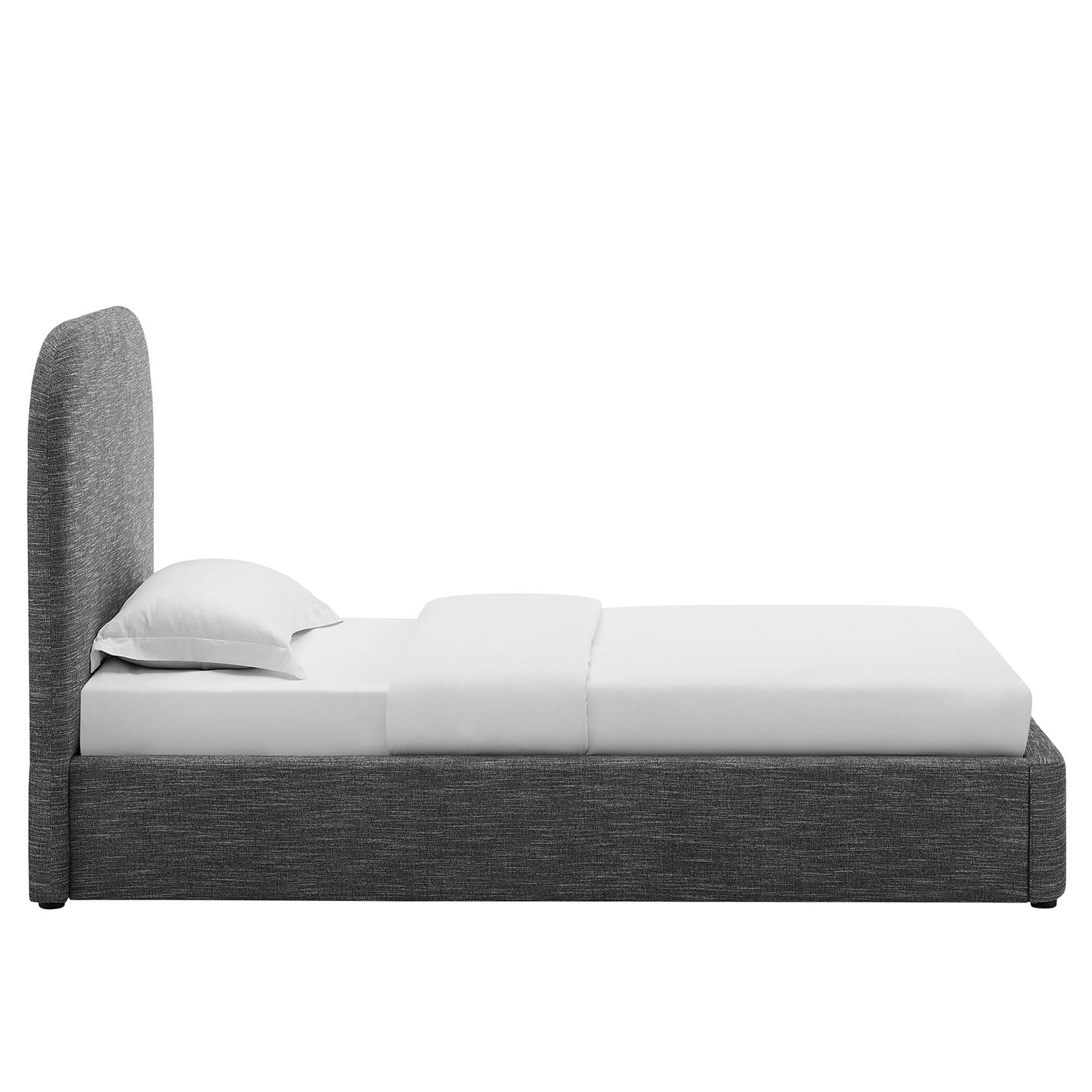 Dark gray upholstered platform bed with tall curved headboard and white bedding.