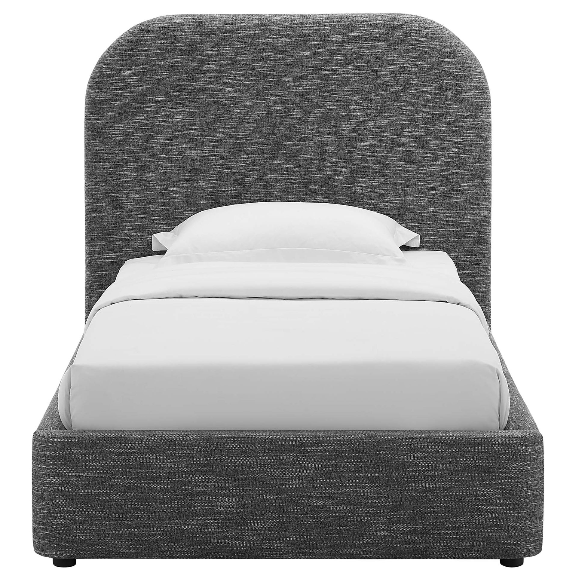 Dark gray upholstered platform bed with rounded headboard and white bedding.