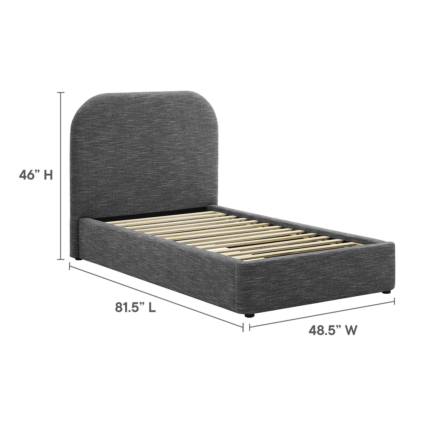 Grey fabric upholstered curved twin platform bed with tall rounded headboard and wooden slats, 81.5" L x 48.5" W x 46" H