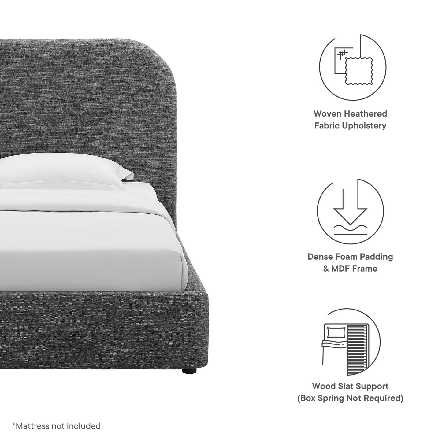Dark heathered fabric upholstered platform bed with curved headboard, foam padding, MDF frame, wood slat support.