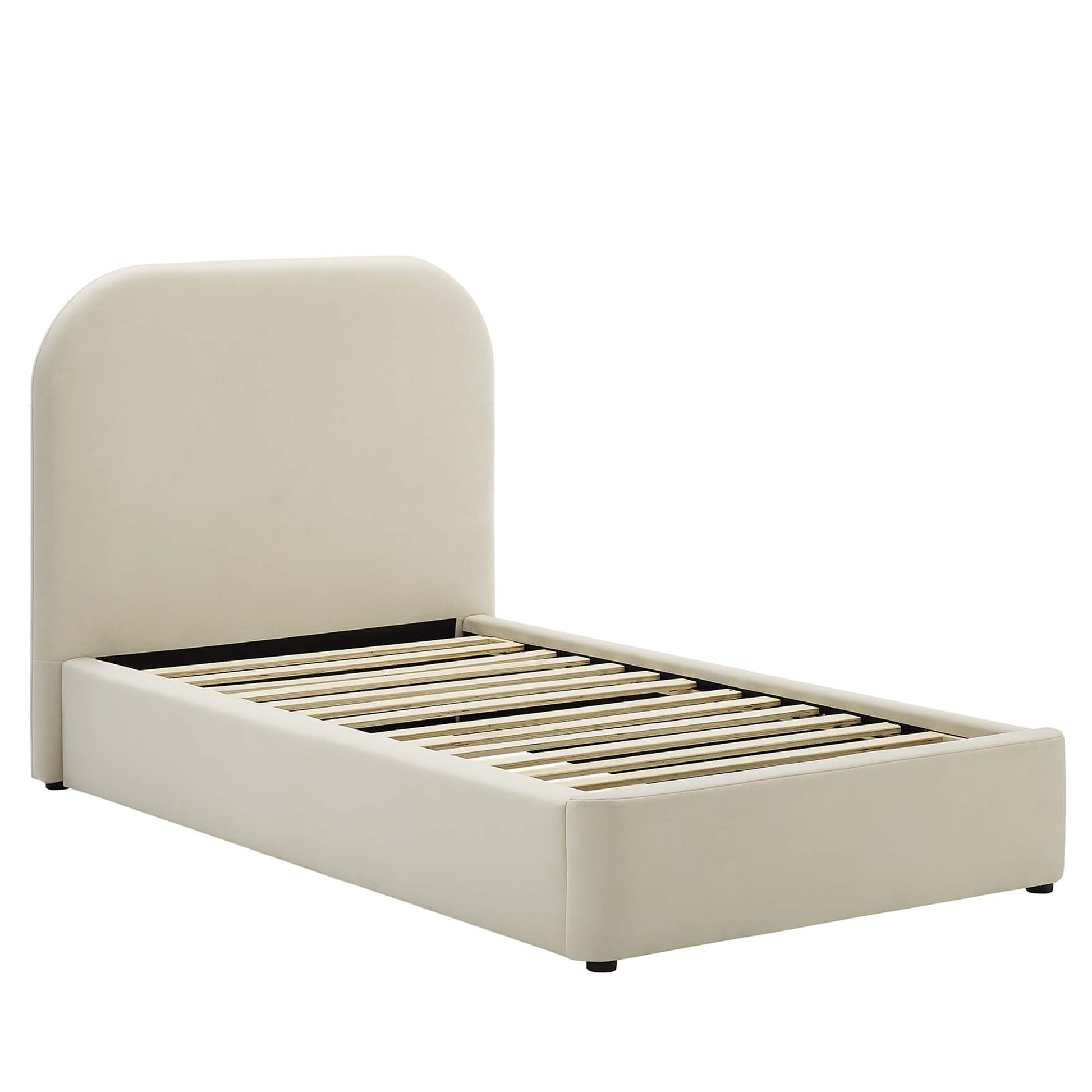 White upholstered twin platform bed with curved headboard and slatted base.
