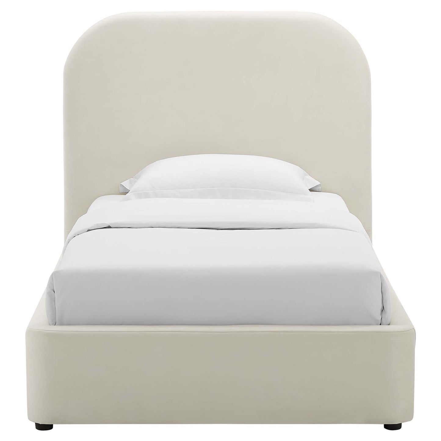 White upholstered platform bed with a curved padded headboard and white bedding.