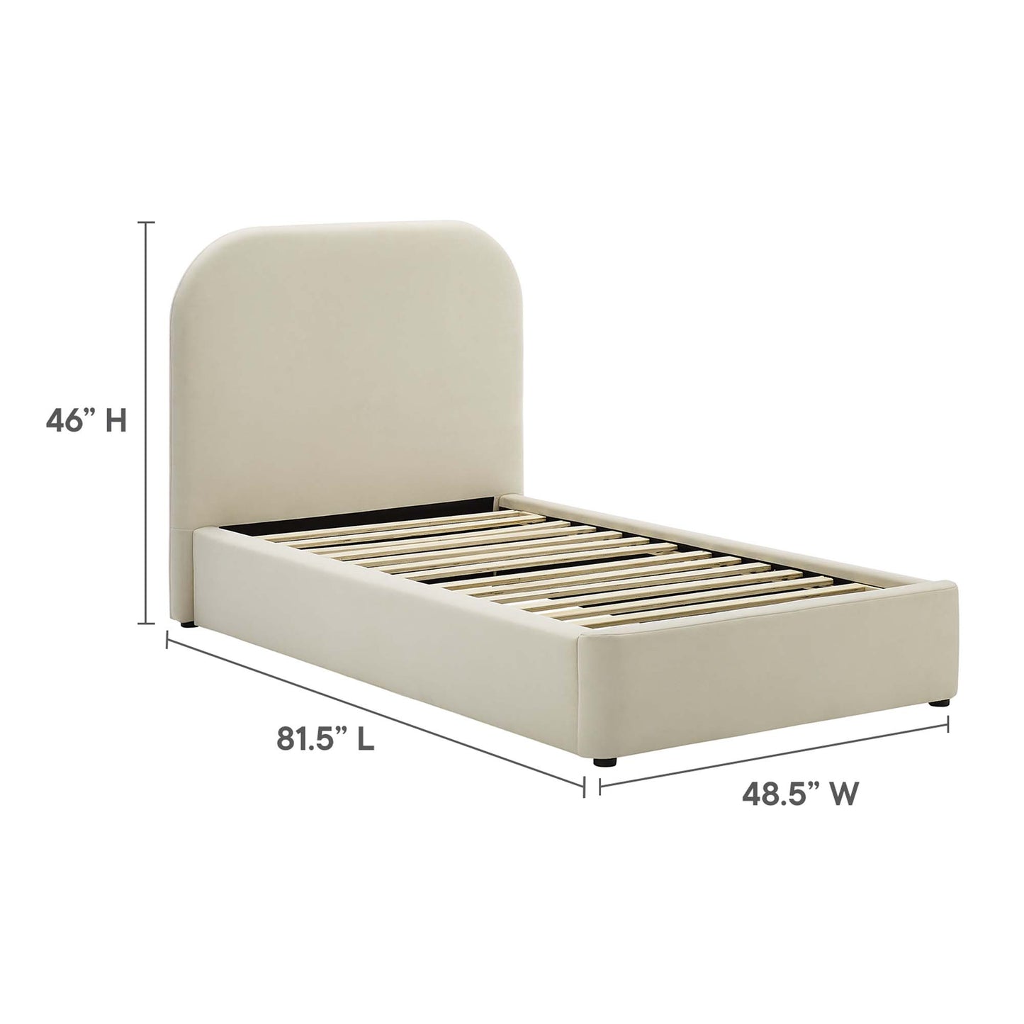 White upholstered twin platform bed with curved headboard, low rails, and wooden slats.