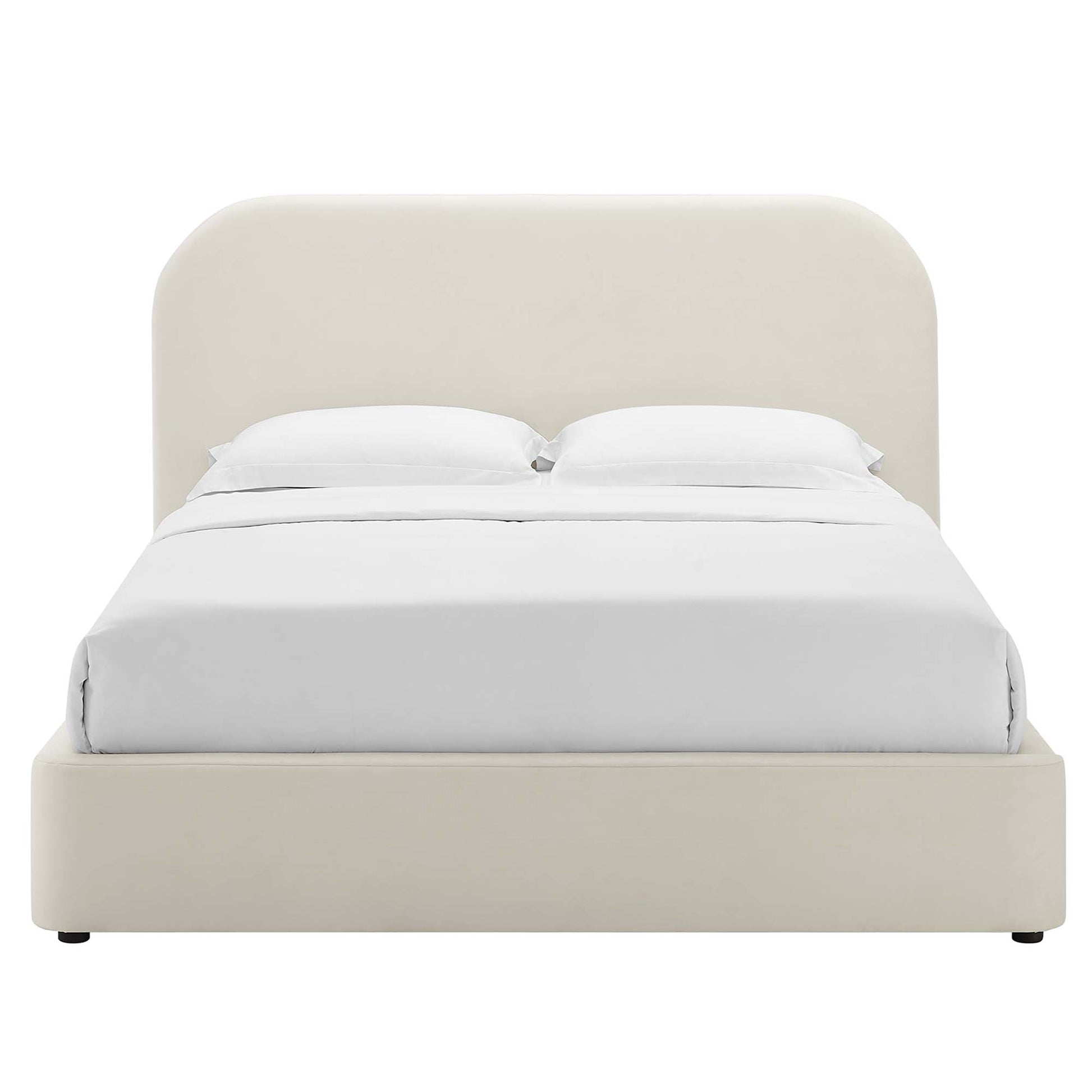 Cream fabric upholstered platform bed with a rounded arch headboard and white sheets.