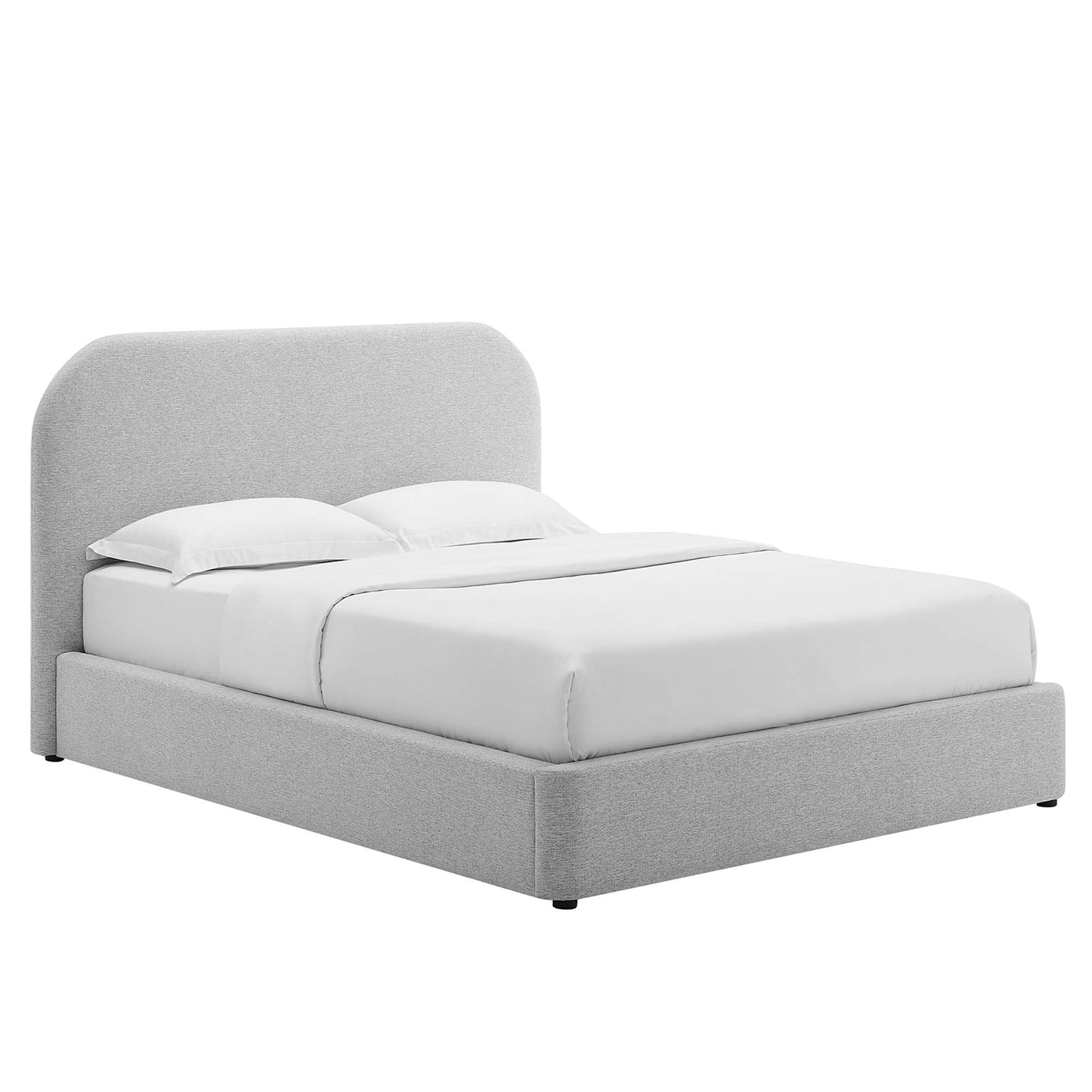 Light grey upholstered platform bed with curved headboard and white bedding, modern minimalist design.