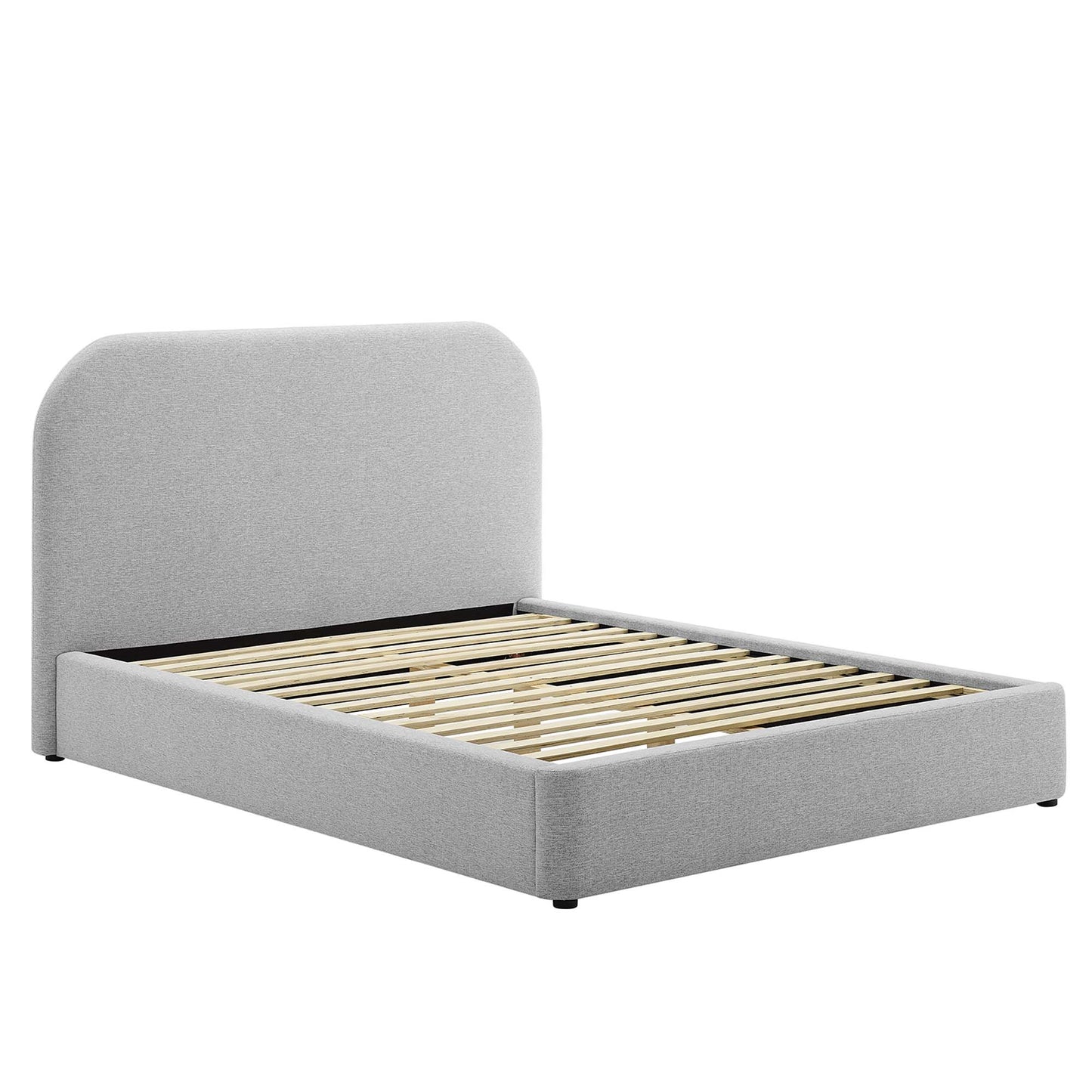 Light gray upholstered platform bed with rounded headboard and wooden slatted base.