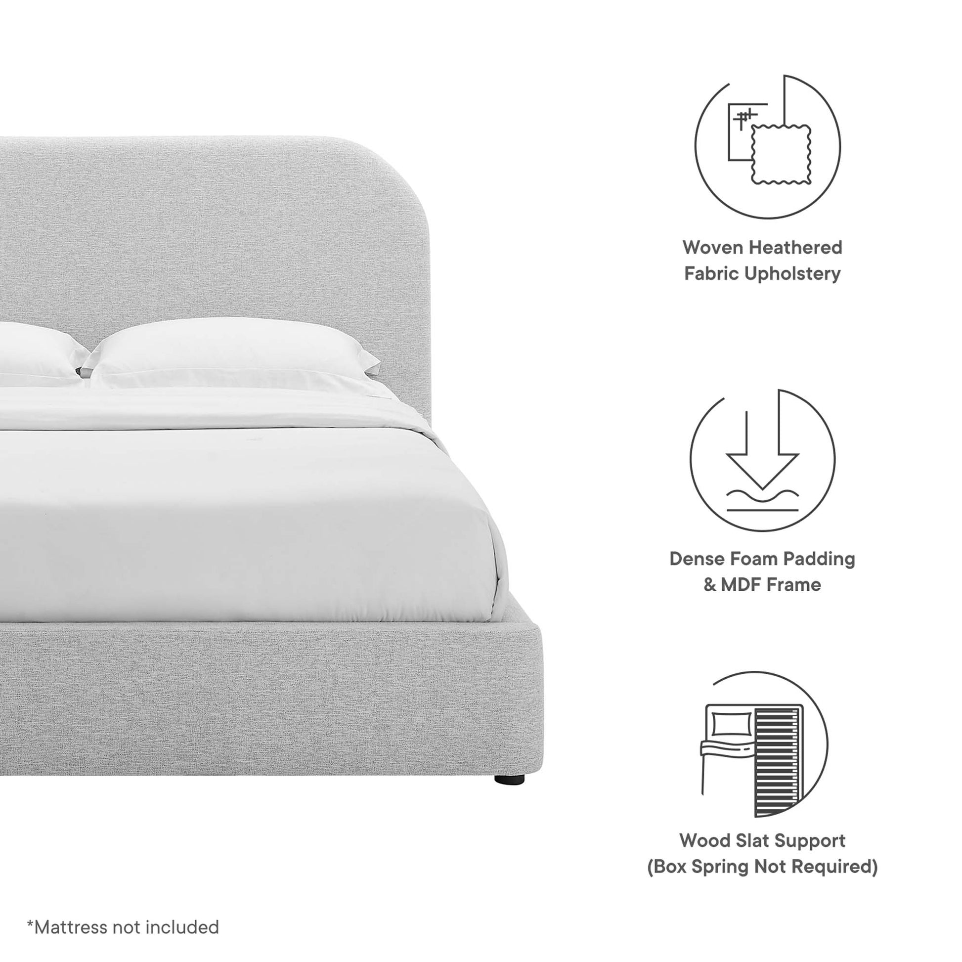 Light gray upholstered platform bed with curved headboard; foam padding & MDF frame; slat support; mattress not included.