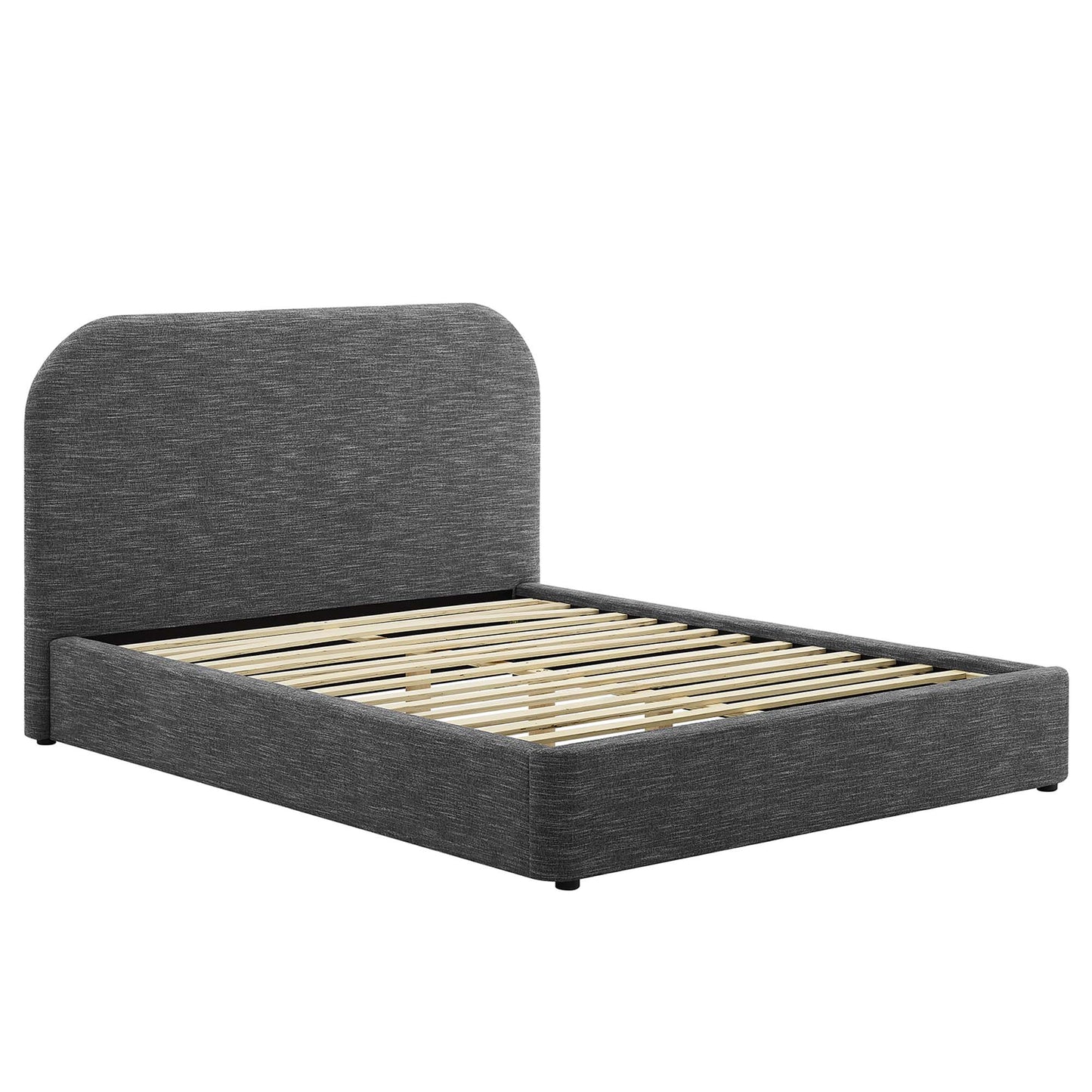 Dark grey upholstered platform bed frame with curved headboard and wooden slat support.