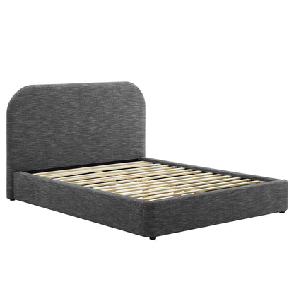 Dark grey upholstered platform bed frame with curved headboard and wooden slat support.