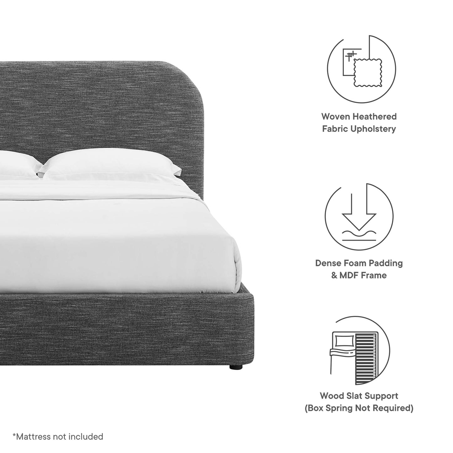 Charcoal gray upholstered platform bed with curved headboard; woven fabric, foam padding & MDF frame; wood slat support