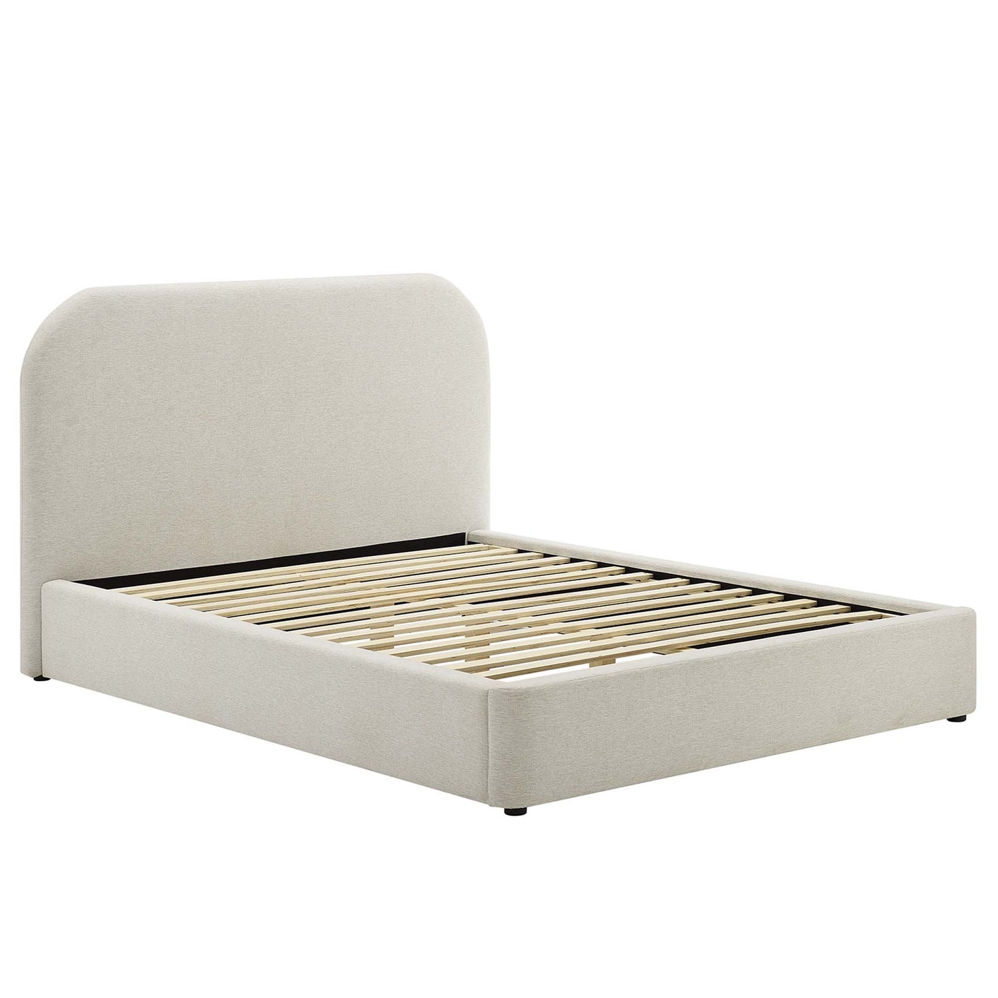 White upholstered king platform bed with a curved headboard, low foot rails, and wooden slats for mattress support.