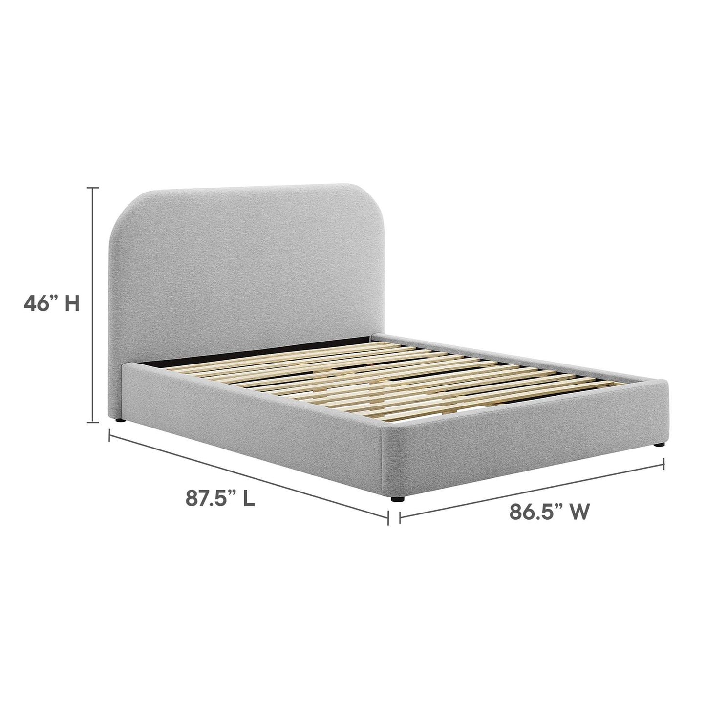 Grey upholstered platform bed with tall curved headboard and visible wooden slats.