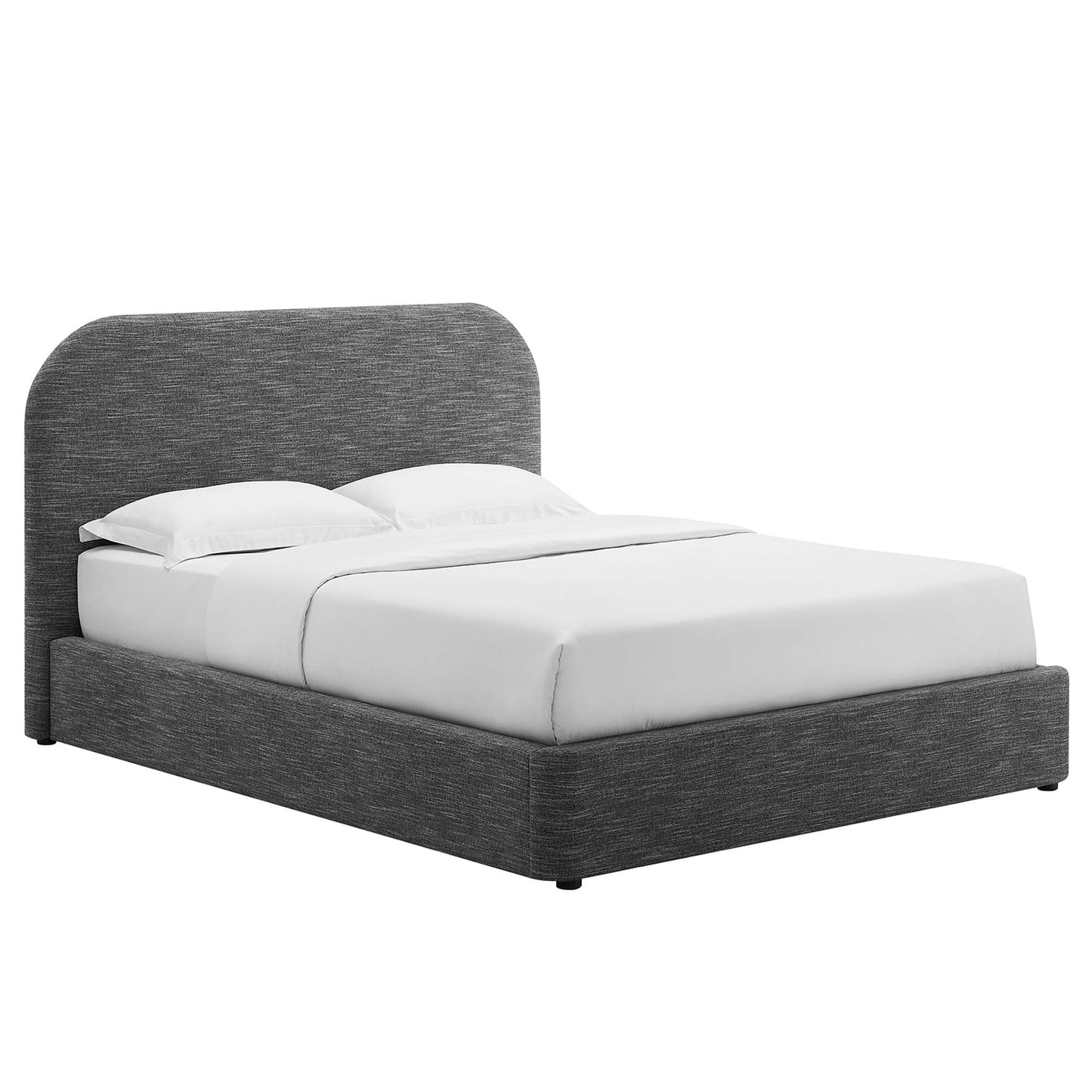 Dark gray upholstered platform bed with a curved headboard and white bedding.