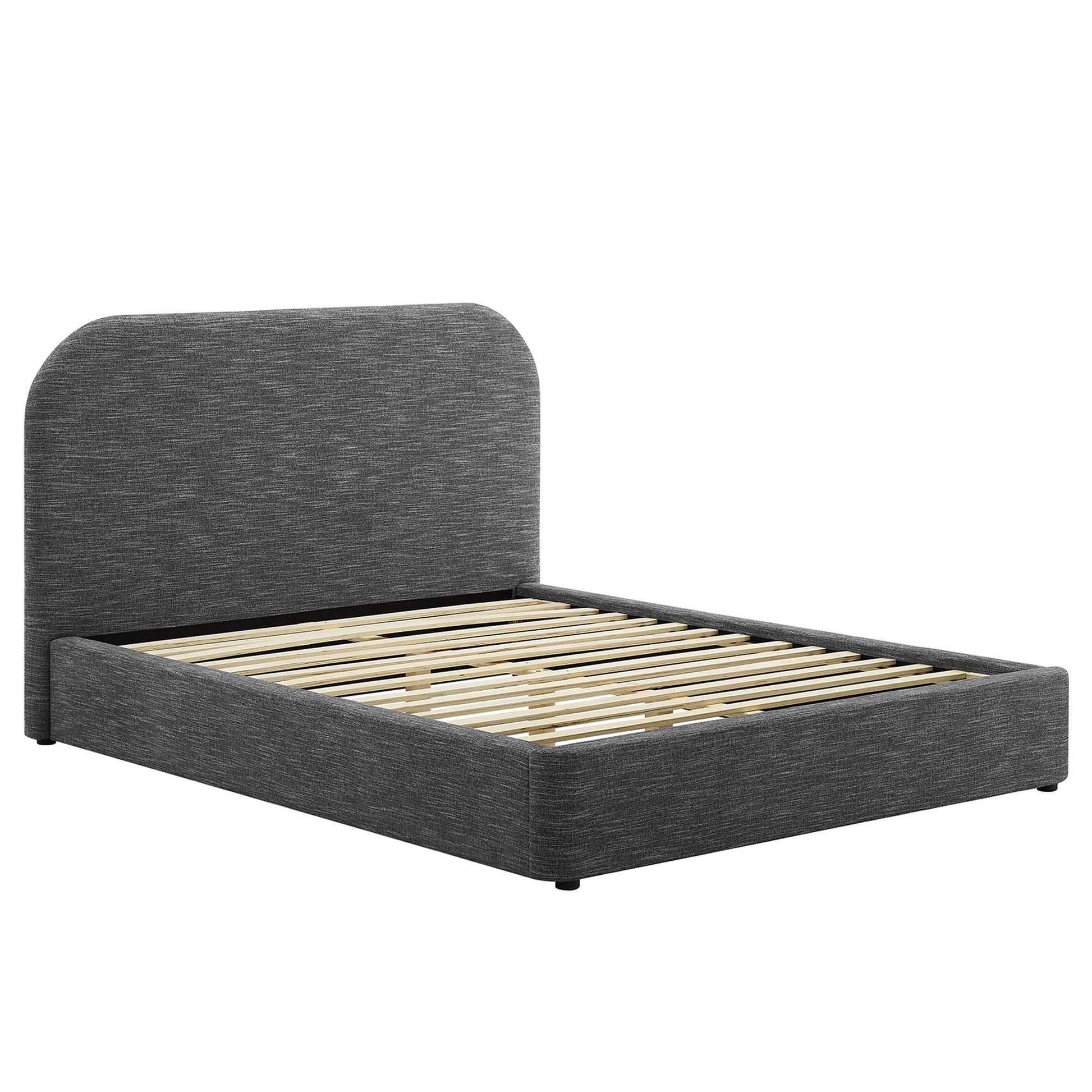 Dark gray fabric upholstered platform bed with rounded headboard and wooden slat base.