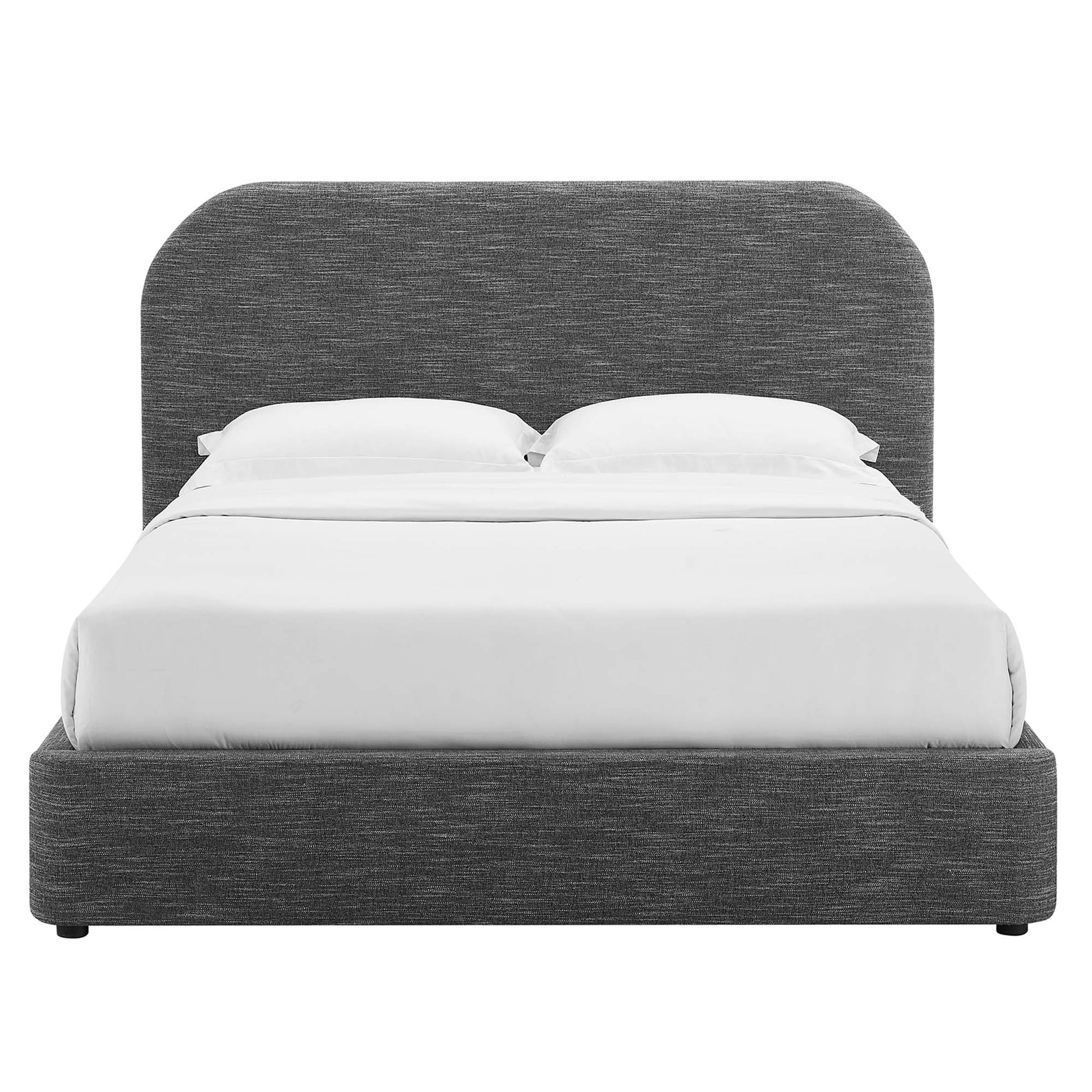 Dark gray fabric platform bed with rounded headboard and white bedding.