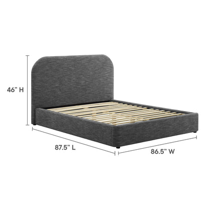 Dark gray upholstered platform bed with rounded tall headboard and wood slat foundation.
