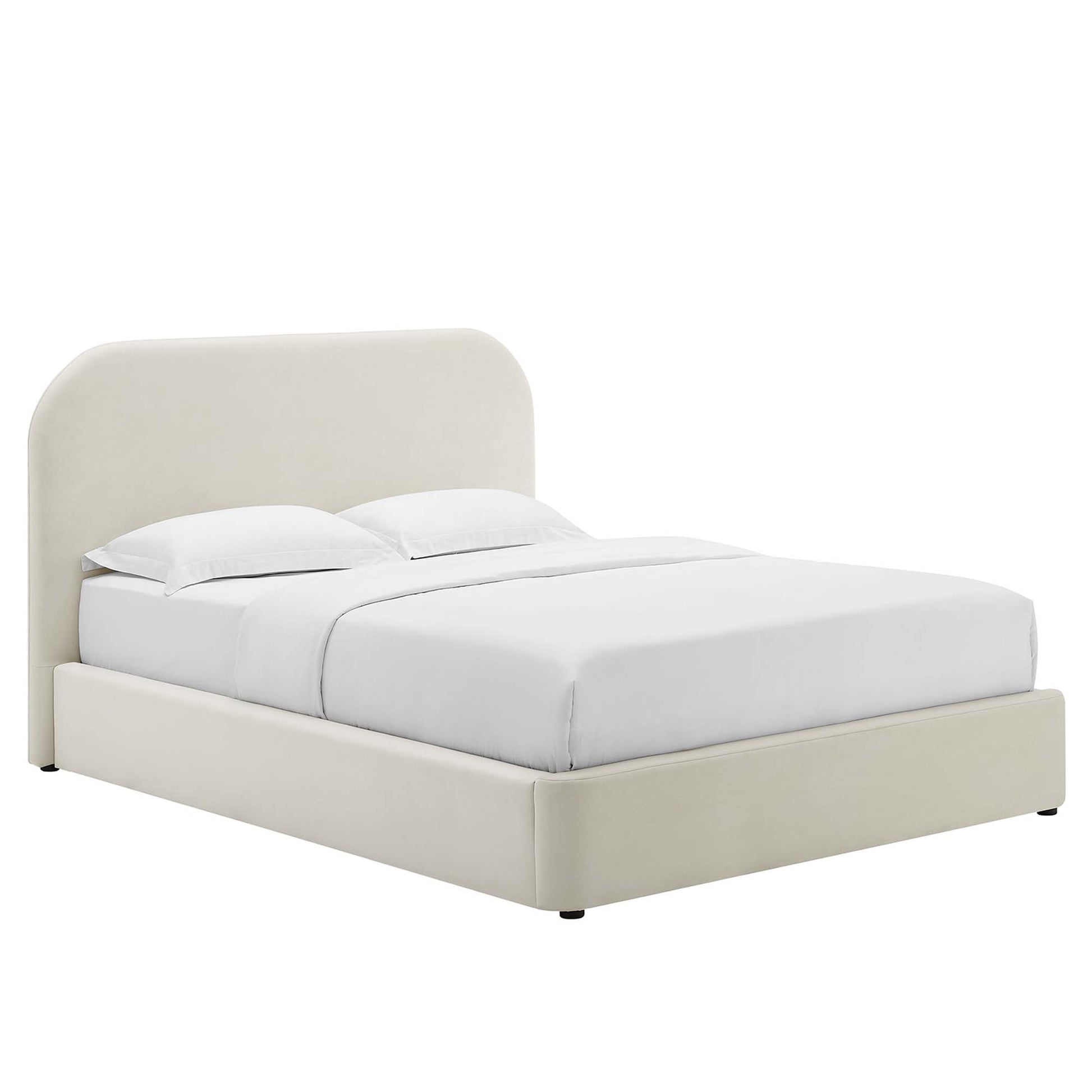 Beige fabric upholstered platform bed with rounded headboard and white bedding.