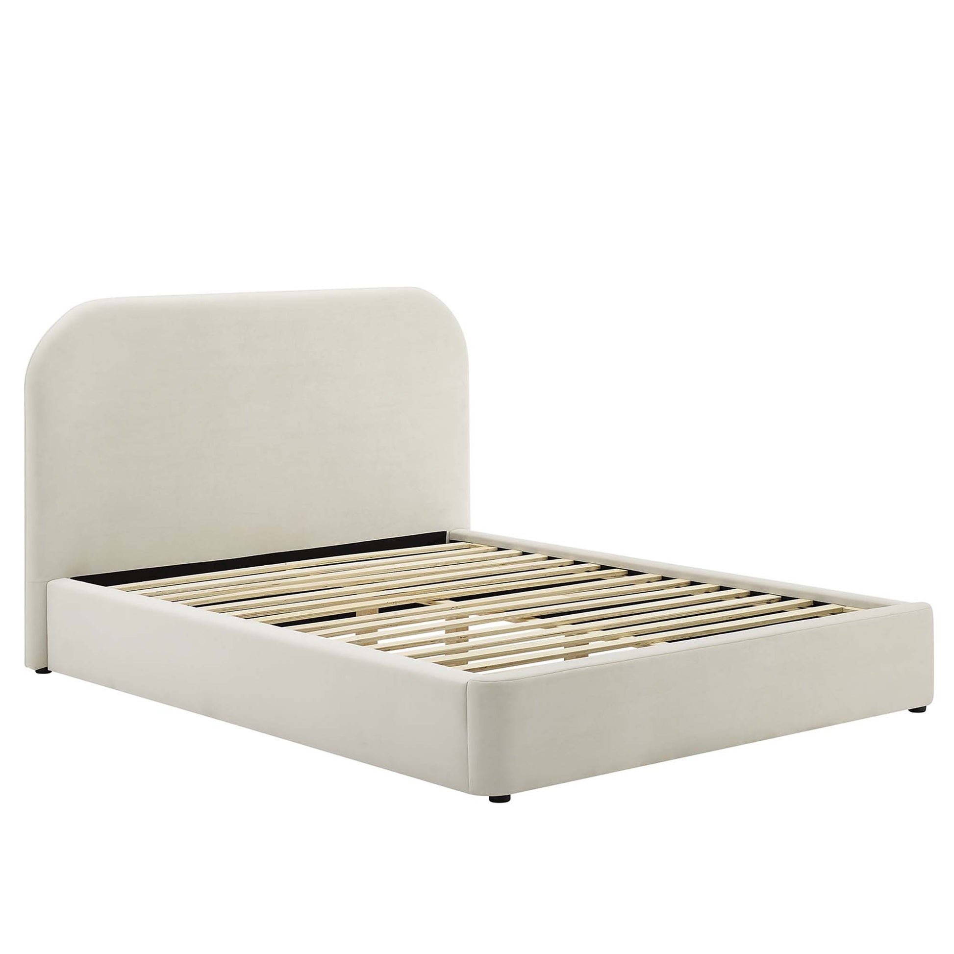 Cream upholstered platform bed with rounded headboard and wooden slatted base.