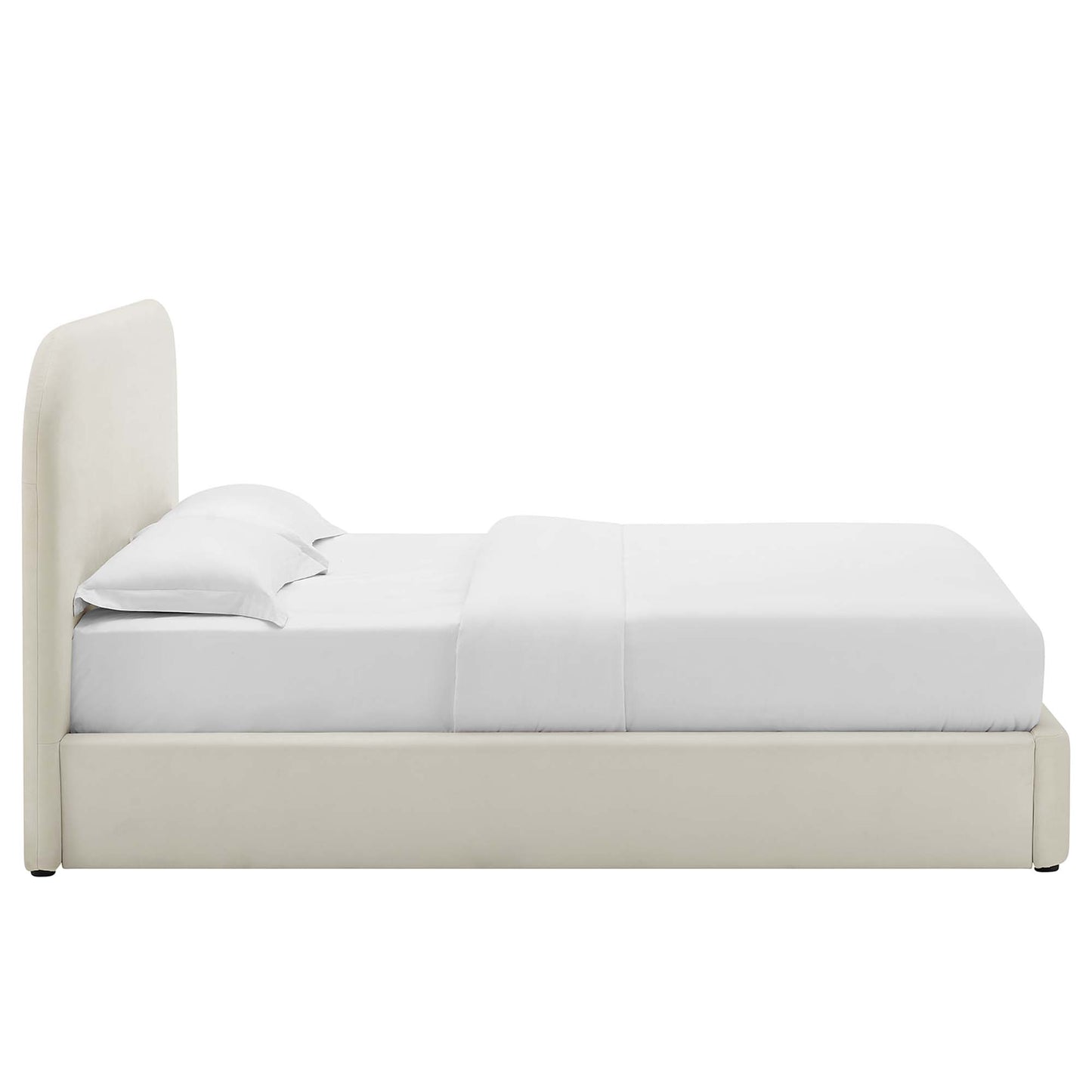 Beige velvet upholstered platform bed with tall padded headboard and white bedding, modern bedroom centerpiece.