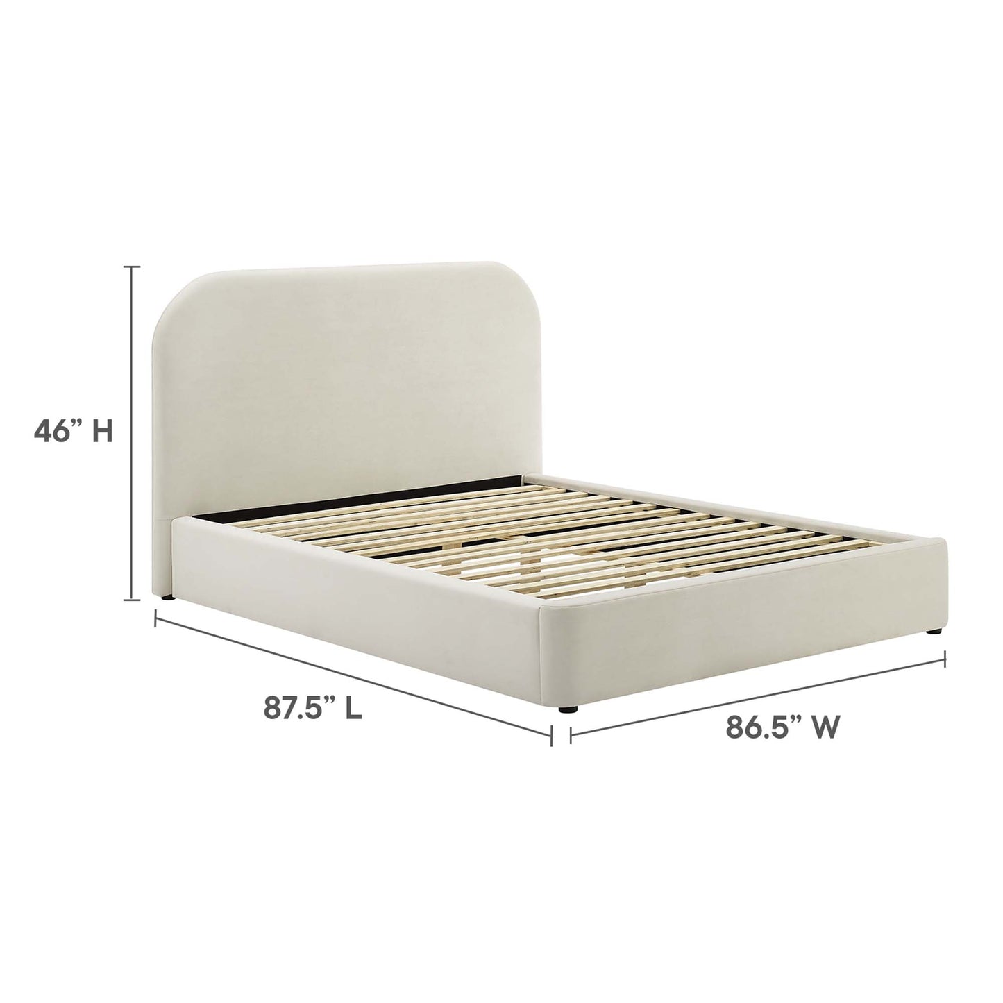 White upholstered king platform bed with a 46" tall curved headboard and slatted base; modern bedroom style.